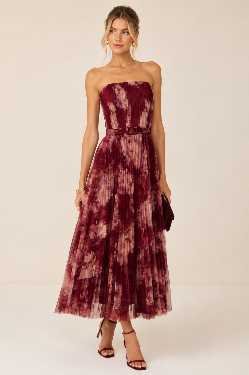 Hutch Graphic Romantic Floral Pleated Strapless Midi Dress Red Ivory  Size 2