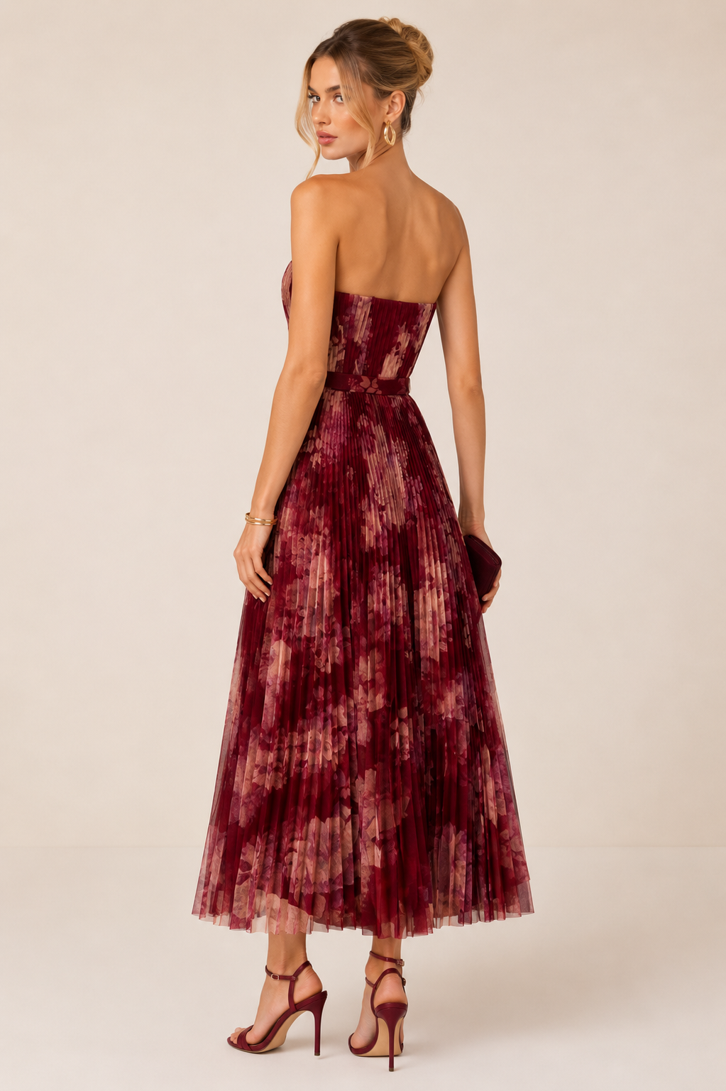 Hutch Graphic Romantic Floral Pleated Strapless Midi Dress Red Ivory  Size 2