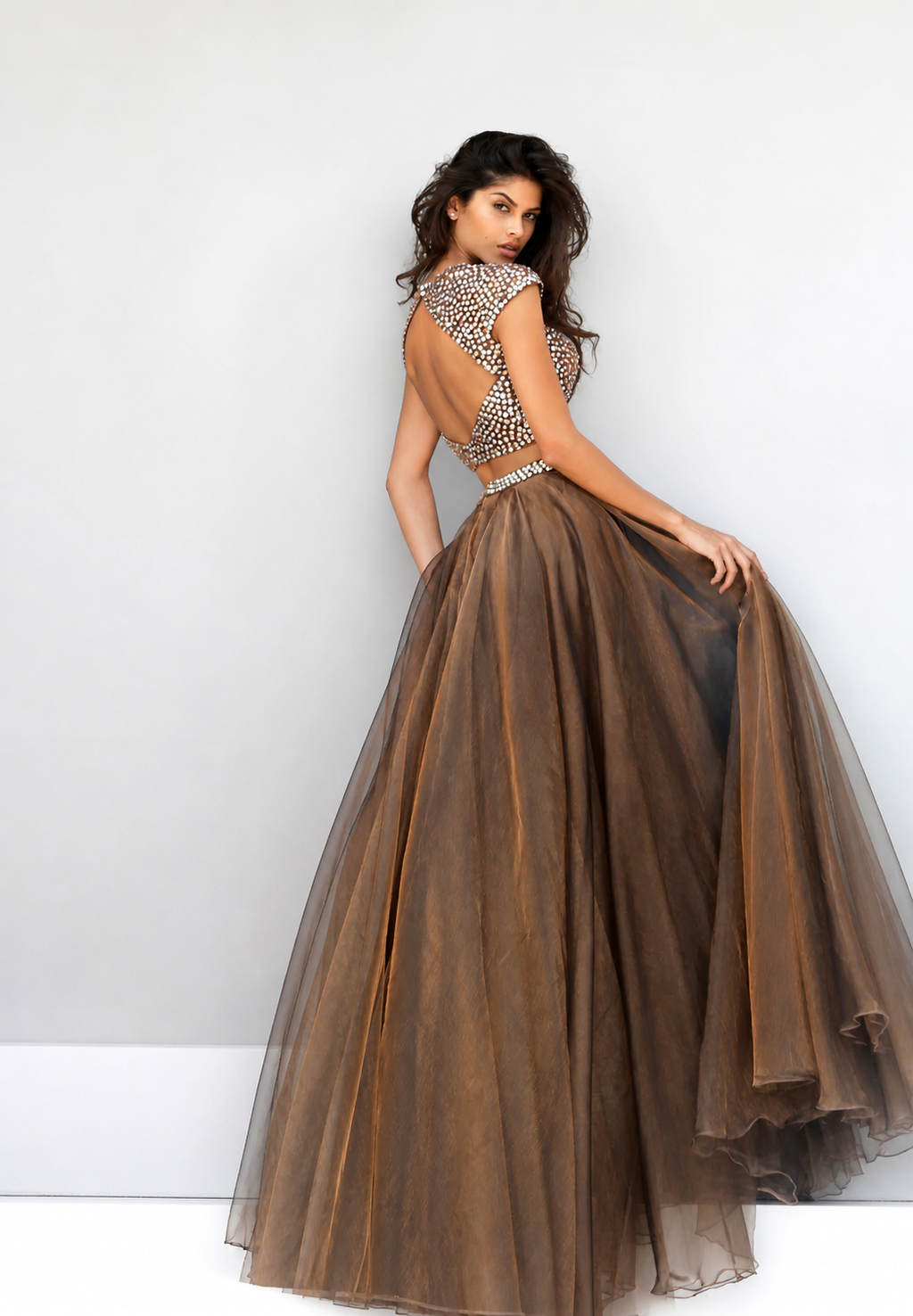 Sherri Hill 50561 Light Brown Two Piece Beaded Bodice Organza Ball Gown Size 2 $650