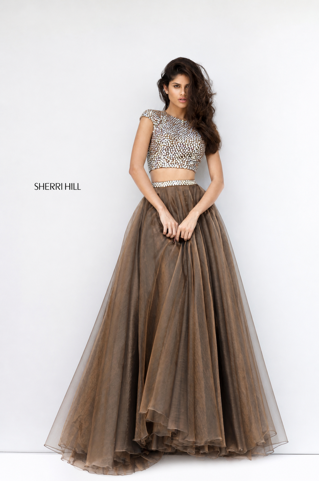 Sherri Hill 50561 Light Brown Two Piece Beaded Bodice Organza Ball Gown Size 2 $650