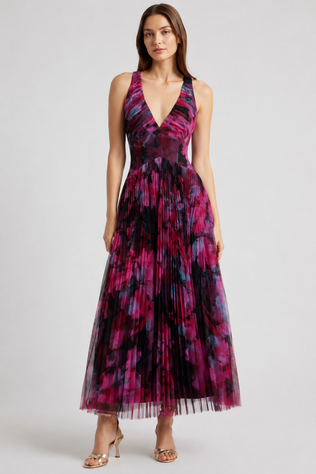 Hutch Eliana Floral Pleated Tulle Gown Berry Multi Watercolor Maxi Dress Small $398