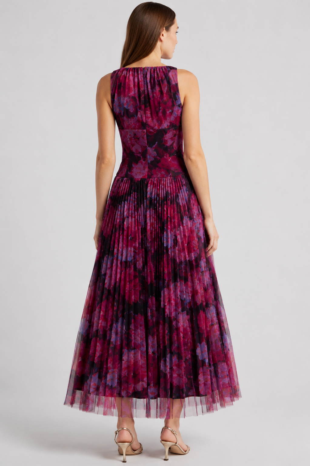 Hutch Eliana Floral Pleated Tulle Gown Berry Multi Watercolor Maxi Dress Small $398