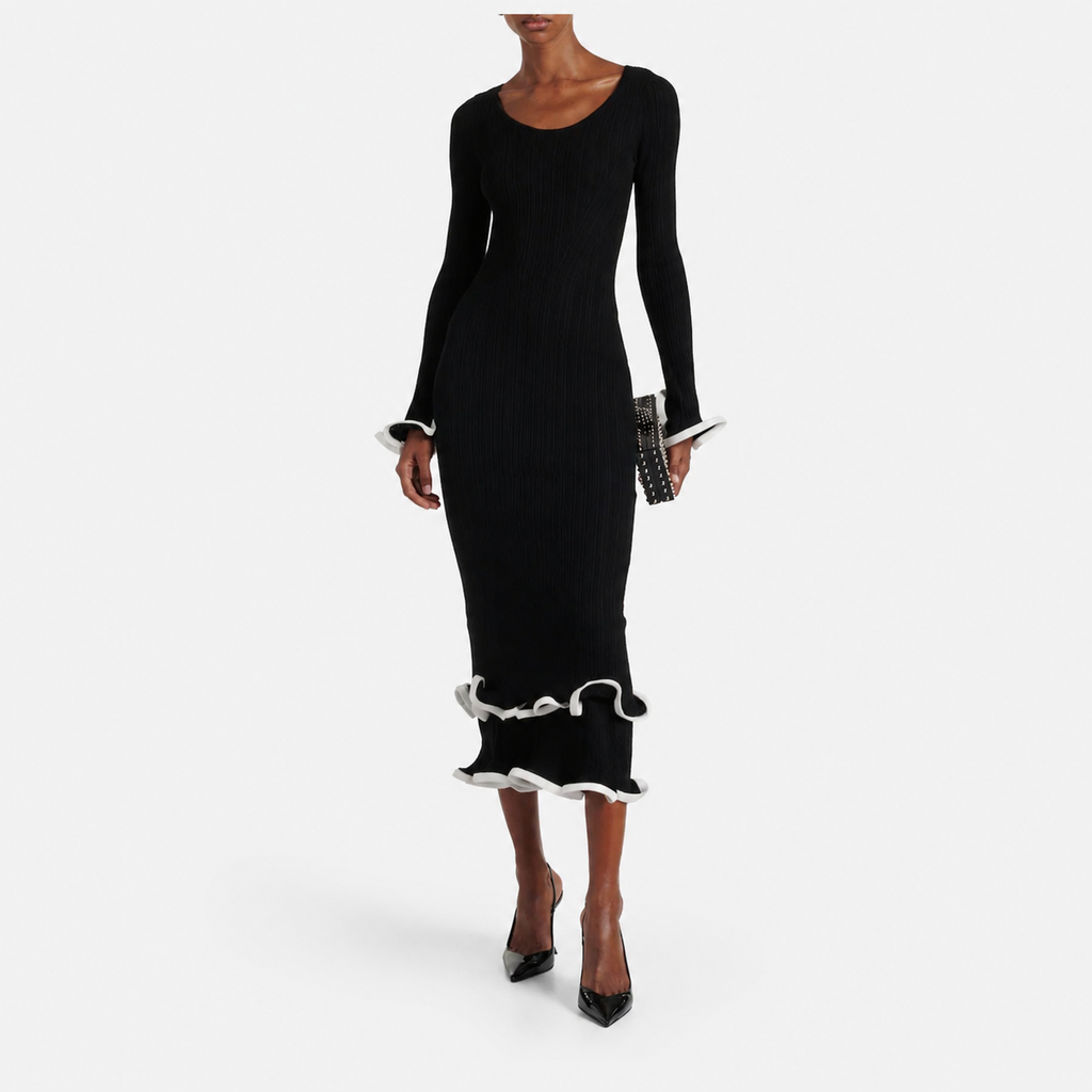 SIMKHAI Solani Ribbed Knit Ruffle Midi Dress Black Size Large