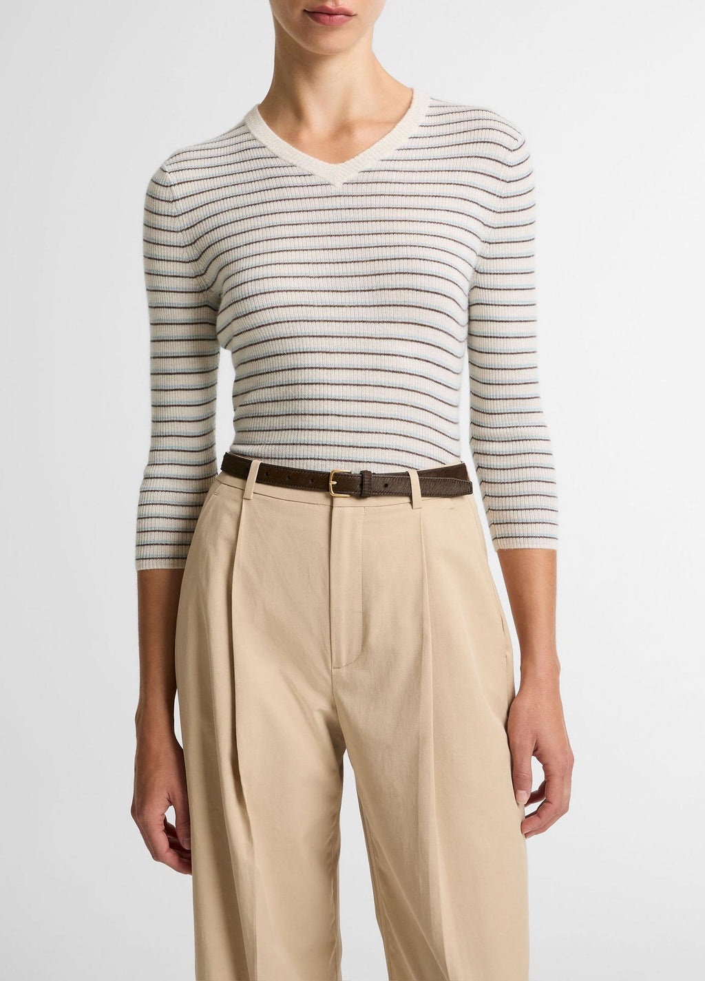 Vince Striped Cashmere Silk High V-Neck Sweater Women’s Small
