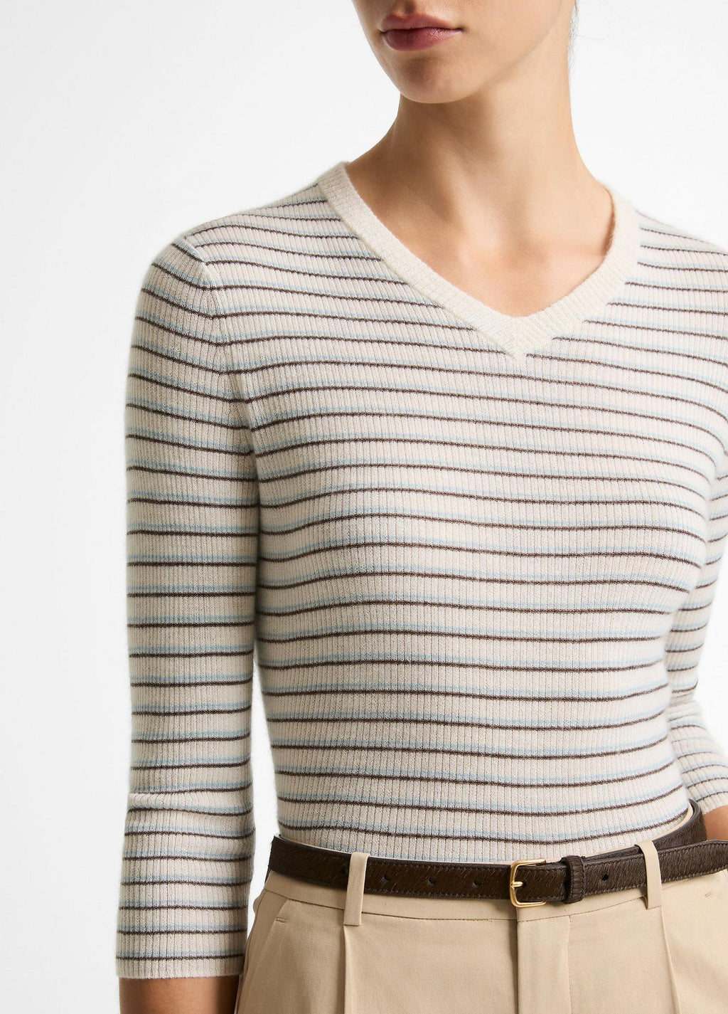 Vince Striped Cashmere Silk High V-Neck Sweater Women’s Small