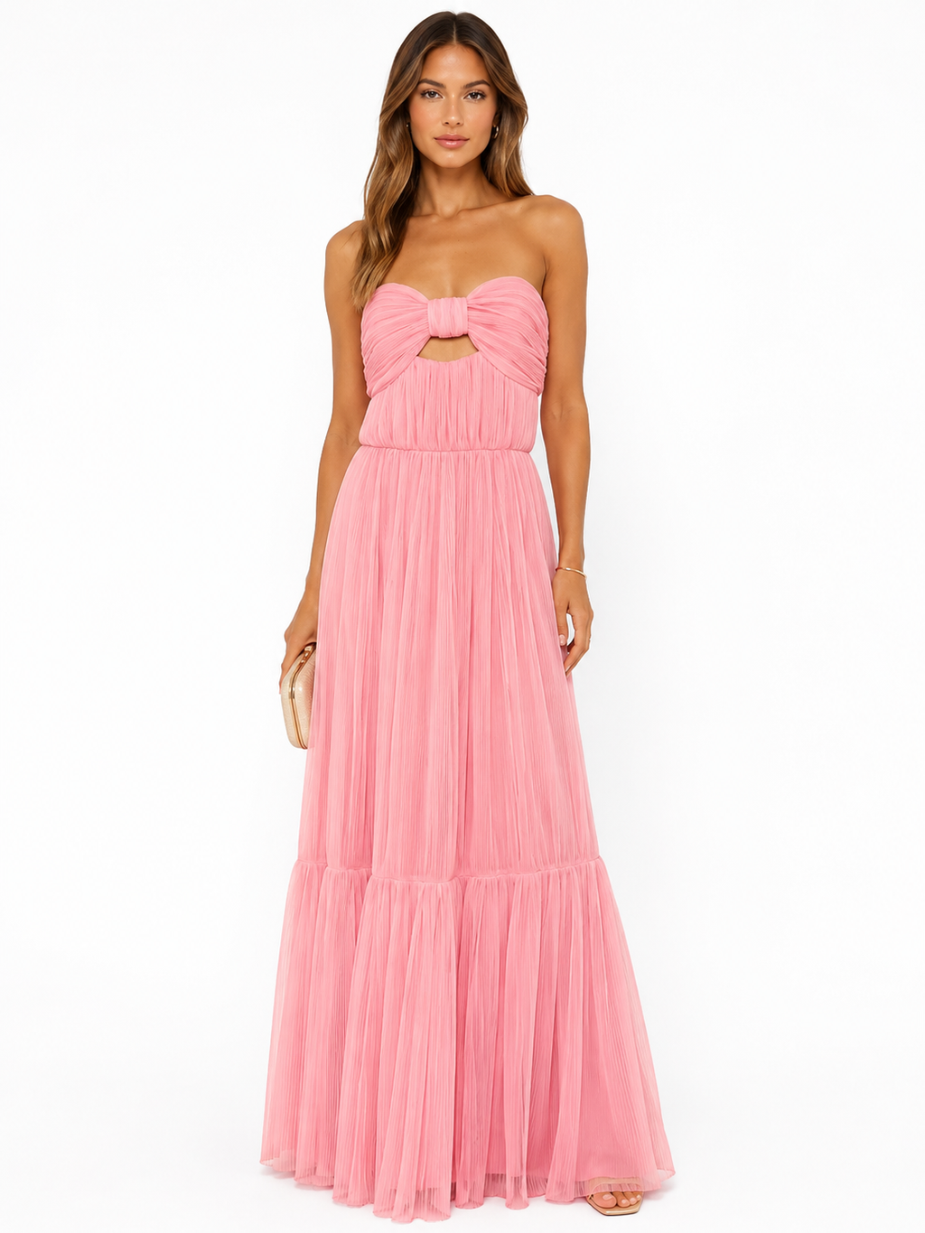 HUTCH Micah Gown Baby Pink Pleated Strapless Cutout Maxi Dress Size Small $398