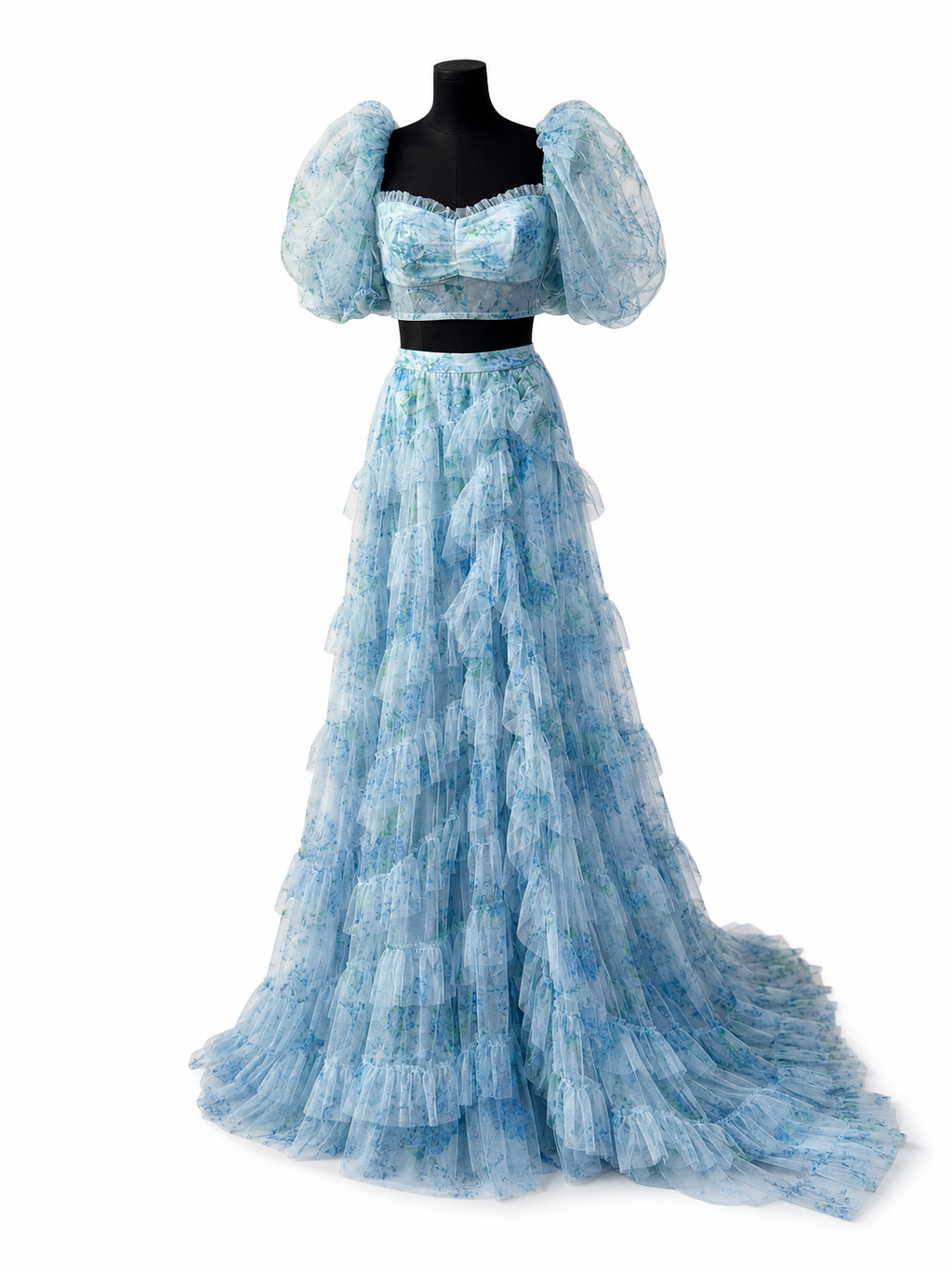 Sherri Hill 55547 Light Blue Floral Two Piece Gown Set Ruffle Skirt Size 0 $950