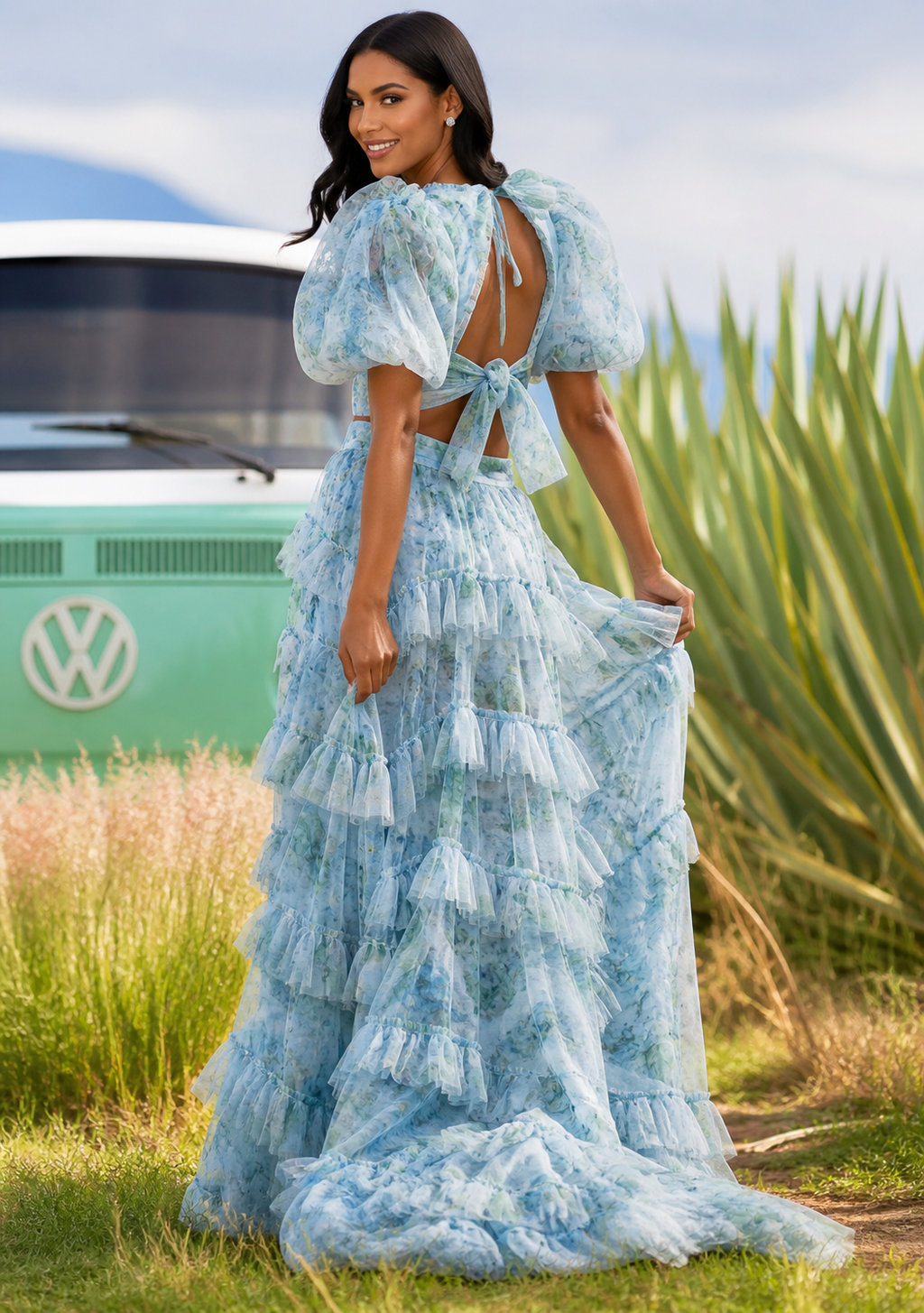 Sherri Hill 55547 Light Blue Floral Two Piece Gown Set Ruffle Skirt Size 0 $950