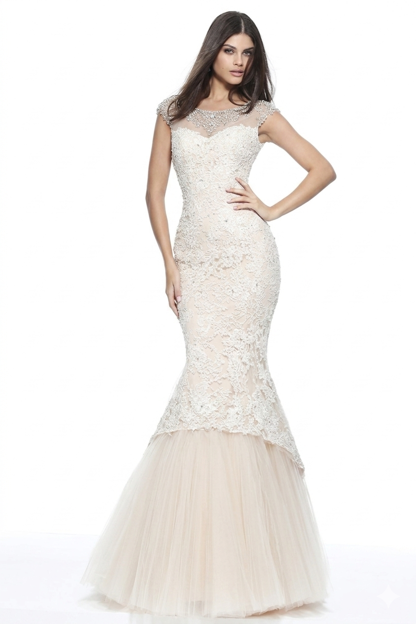 Sherri Hill 51114 Ivory Lace Mermaid Gown Beaded Illusion Neck Size 4 $918