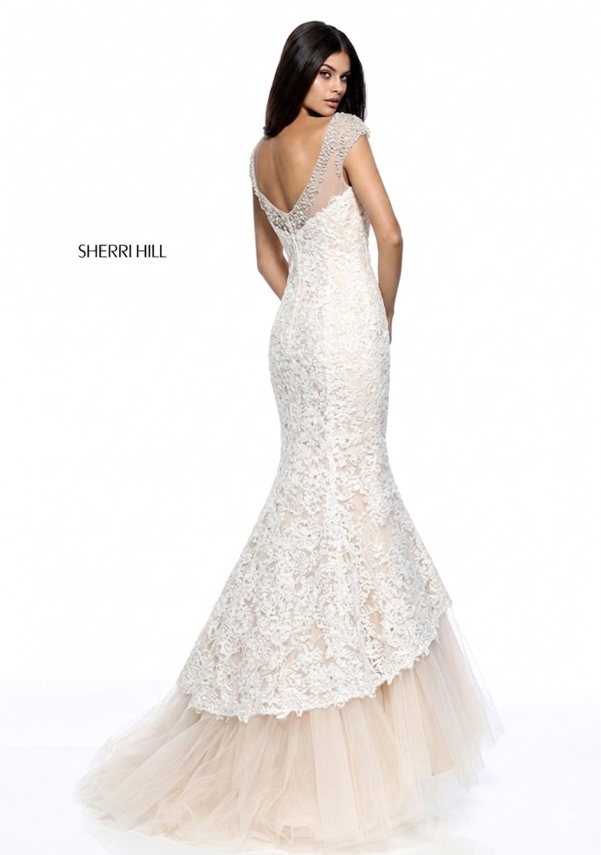 Sherri Hill 51114 Ivory Lace Mermaid Gown Beaded Illusion Neck Size 4 $918