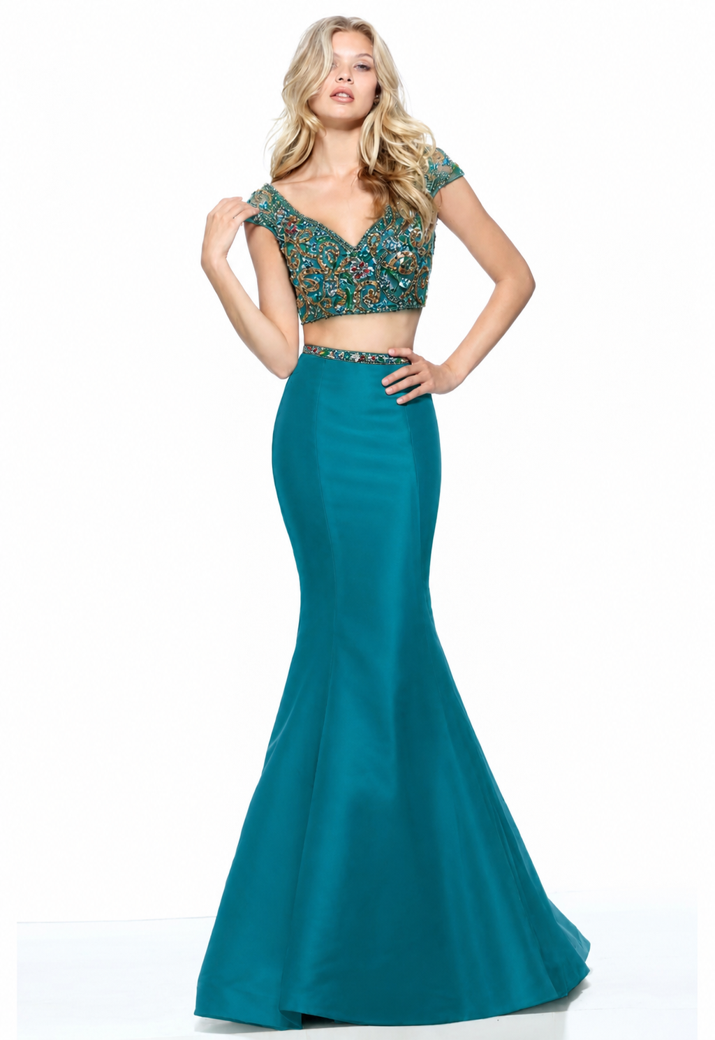 Sherri Hill 51167 Aqua Beaded Two Piece Gown Size 2 Mermaid Formal Dress $650