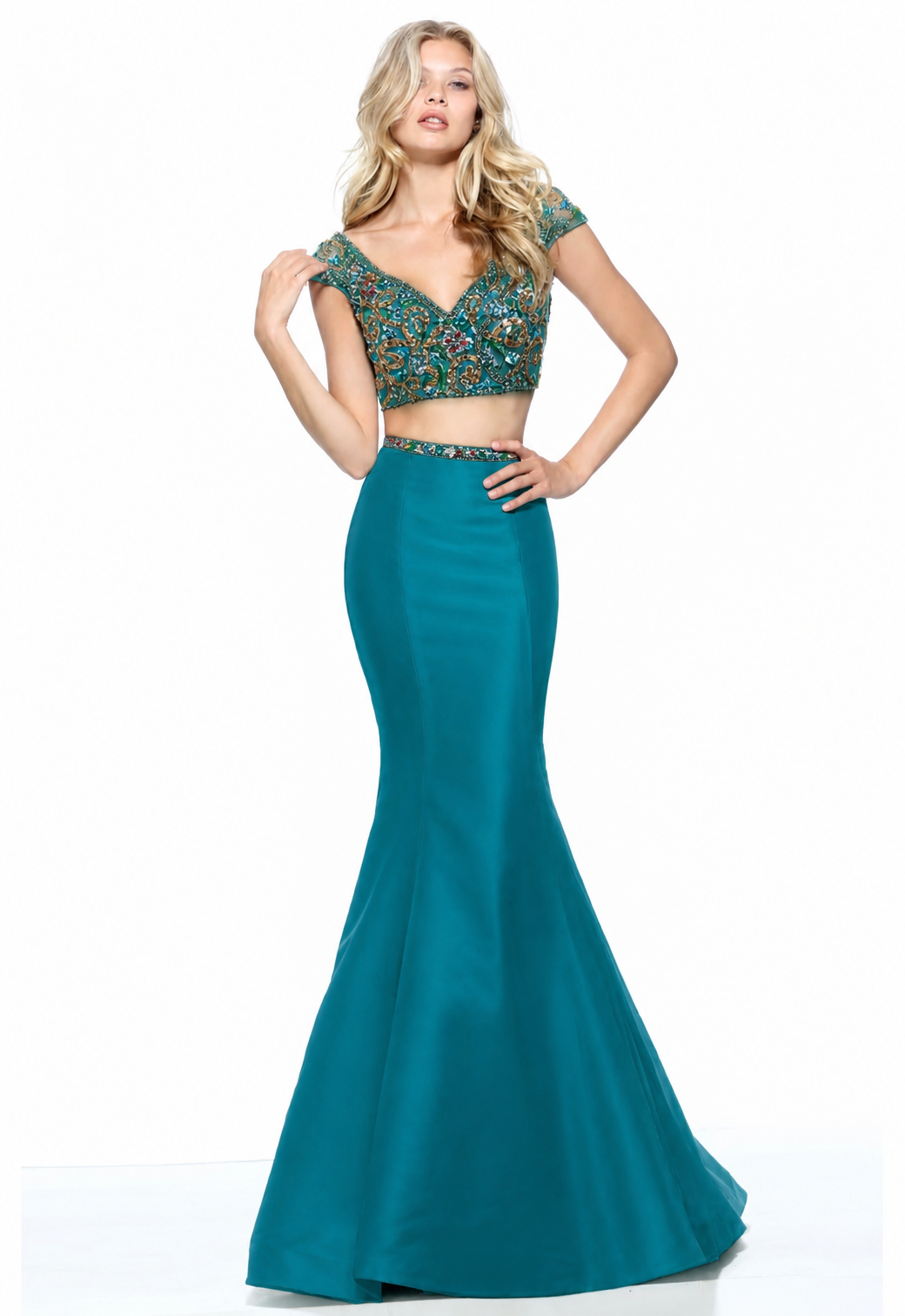Sherri Hill 51167 Aqua Beaded Two Piece Gown Size 2 Mermaid Formal Dress $650