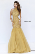 Sherri Hill 11323 Gold Beaded Halter Mermaid Gown Size 2 $698