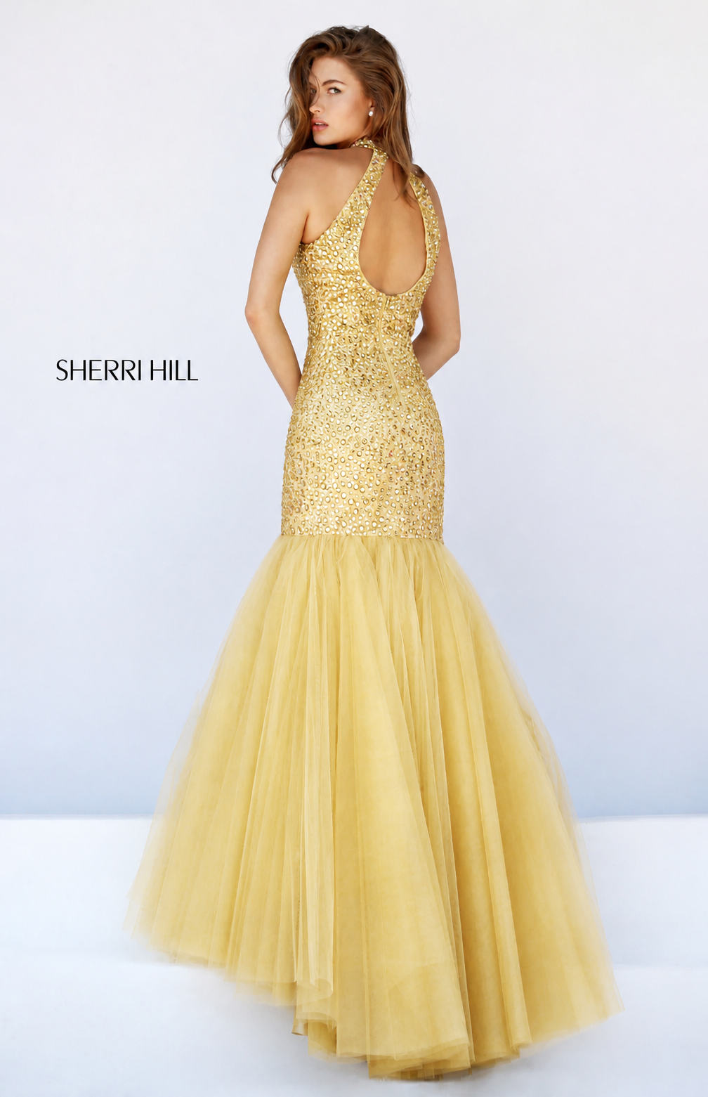 Sherri Hill 11323 Gold Beaded Halter Mermaid Gown Size 2 $698