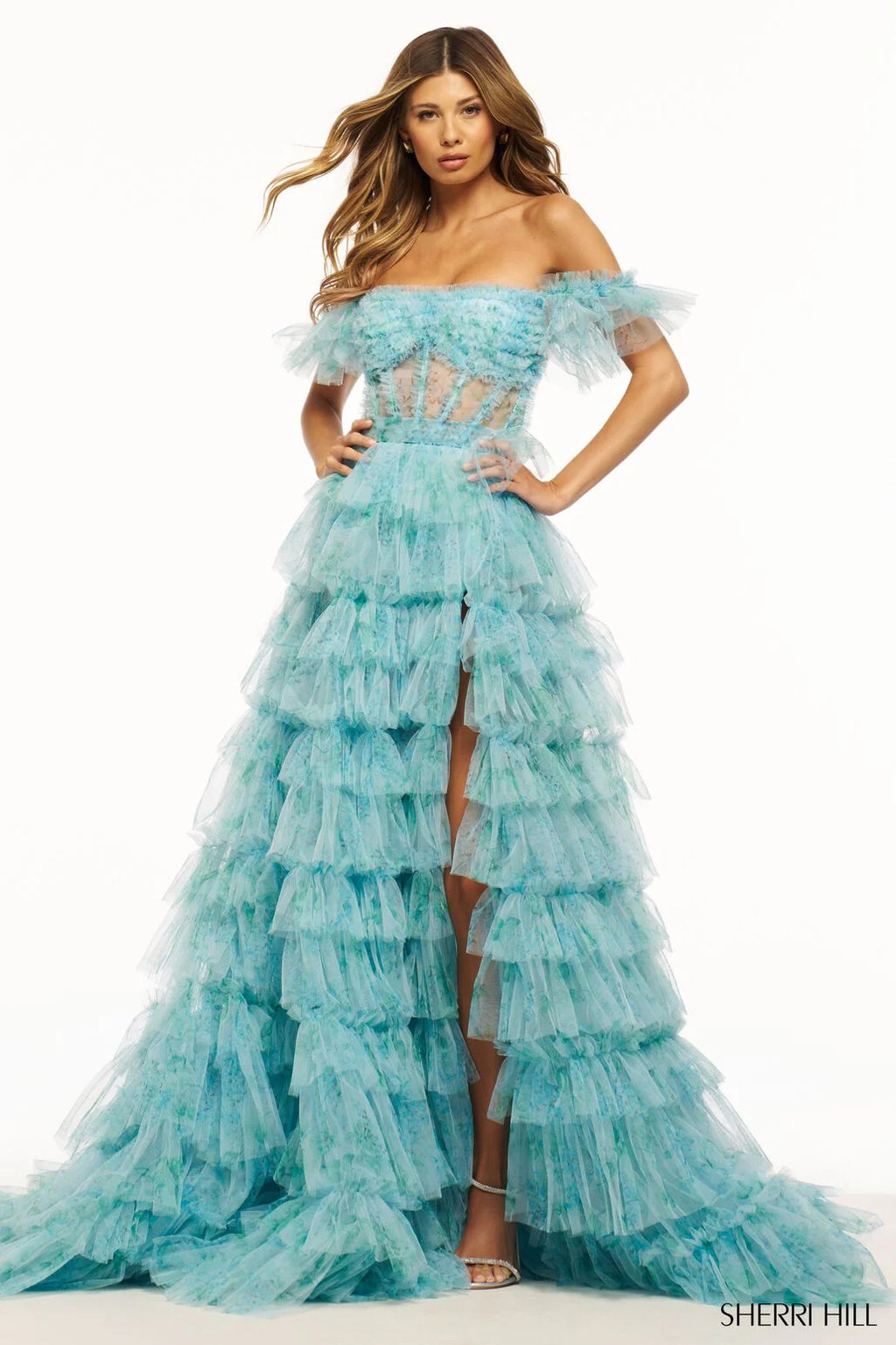 Sherri Hill 56074 Aqua Print Ruffle Corset Slit Gown Size 0 $1398