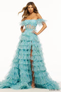Sherri Hill 56074 Aqua Print Ruffle Corset Slit Gown Size 0 $1398