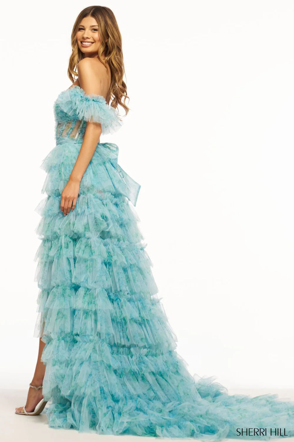 Sherri Hill 56074 Aqua Print Ruffle Corset Slit Gown Size 0 $1398