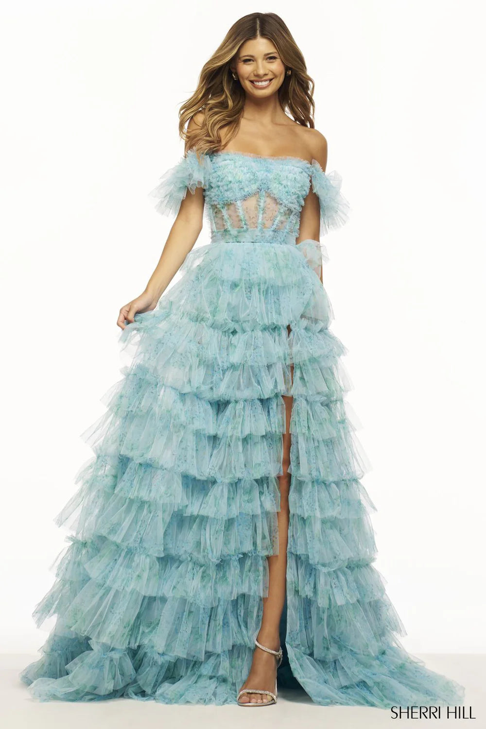 Sherri Hill 56074 Aqua Print Ruffle Corset Slit Gown Size 0 $1398