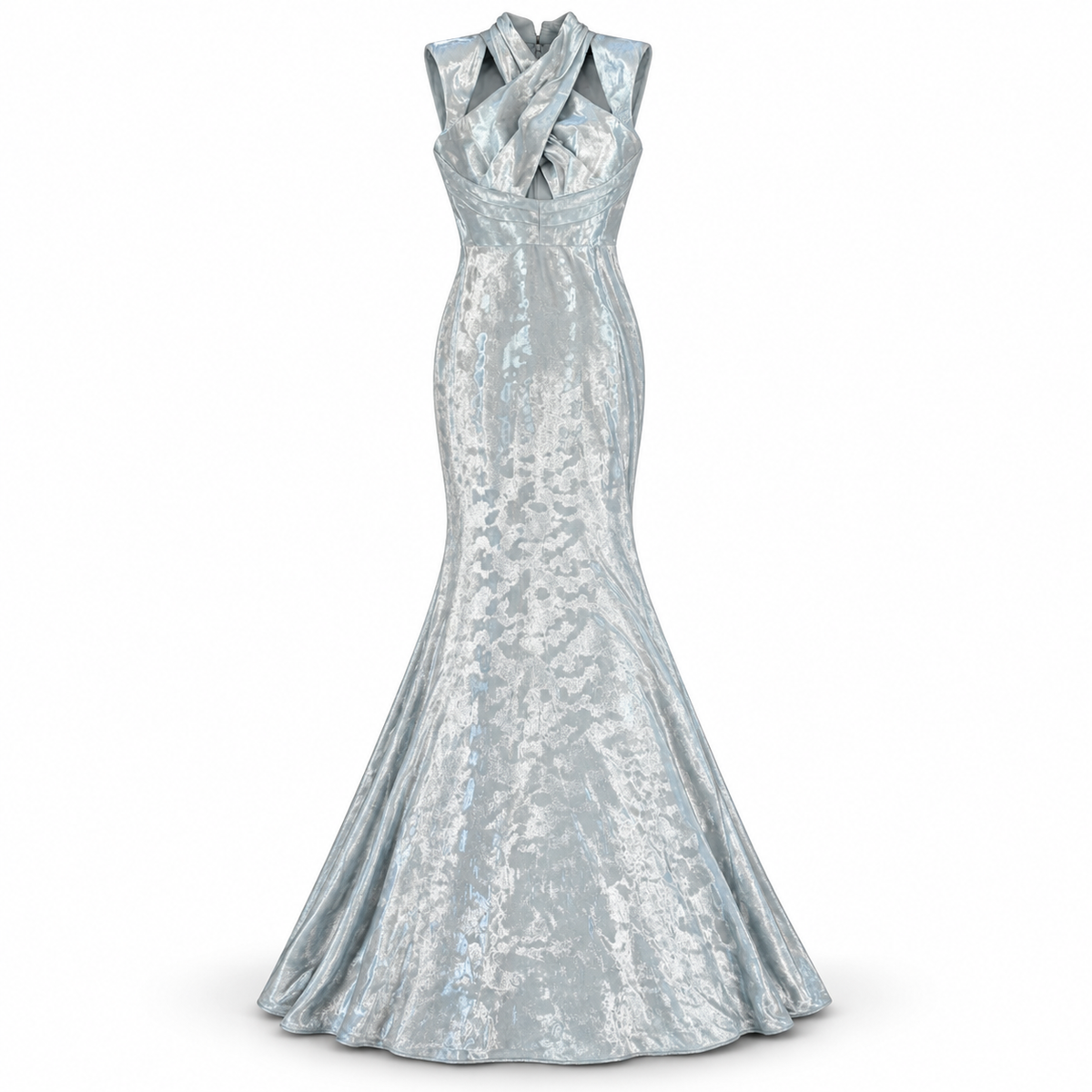 Dress the Population Metallic Sculpted Neck Gown Silver Blue Sz Small