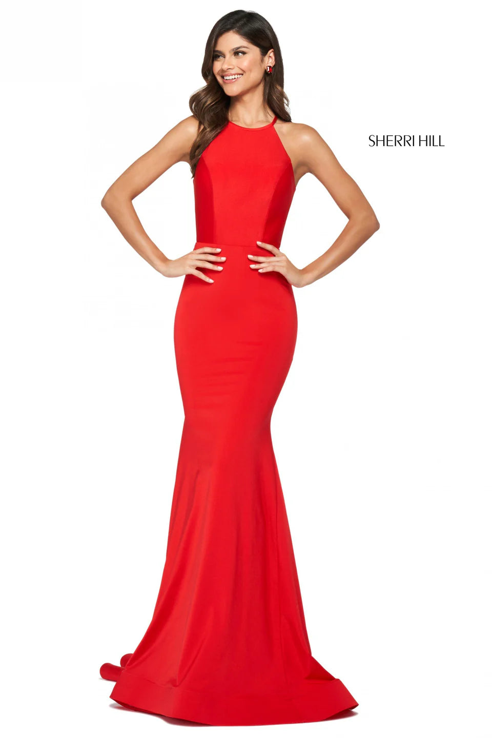 Sherri Hill 53663 Red Halter Jersey Open Back Ruched Gown Dress Size 6