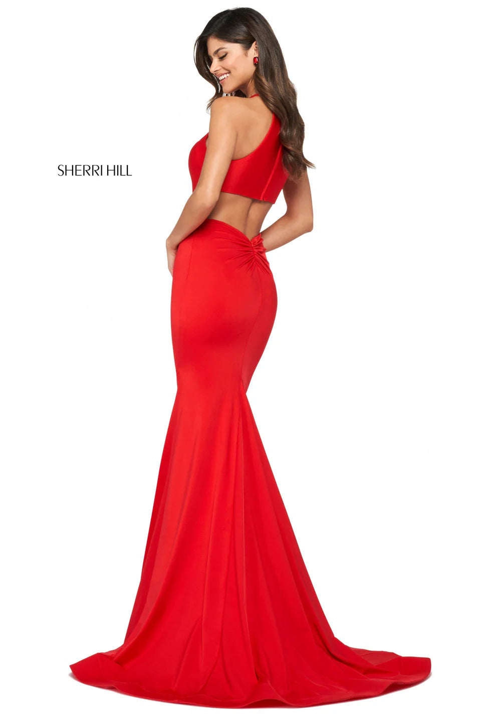 Sherri Hill 53663 Red Halter Jersey Open Back Ruched Gown Dress Size 6