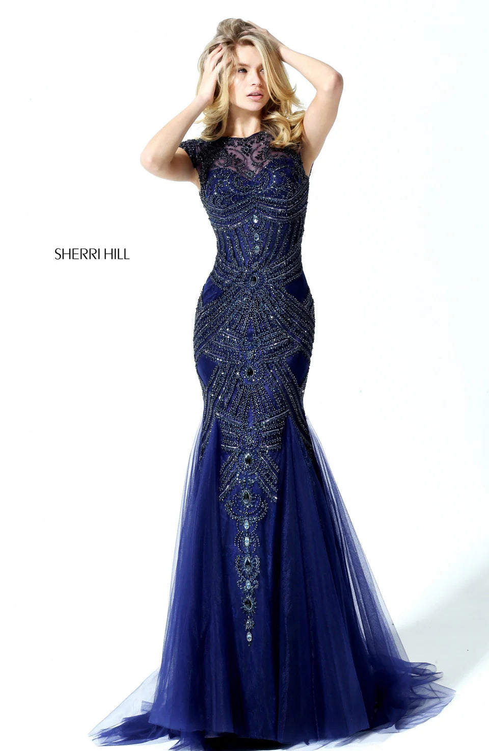 Sherri Hill 50516 Navy Beaded Mermaid Gown NWT Size 2 $550