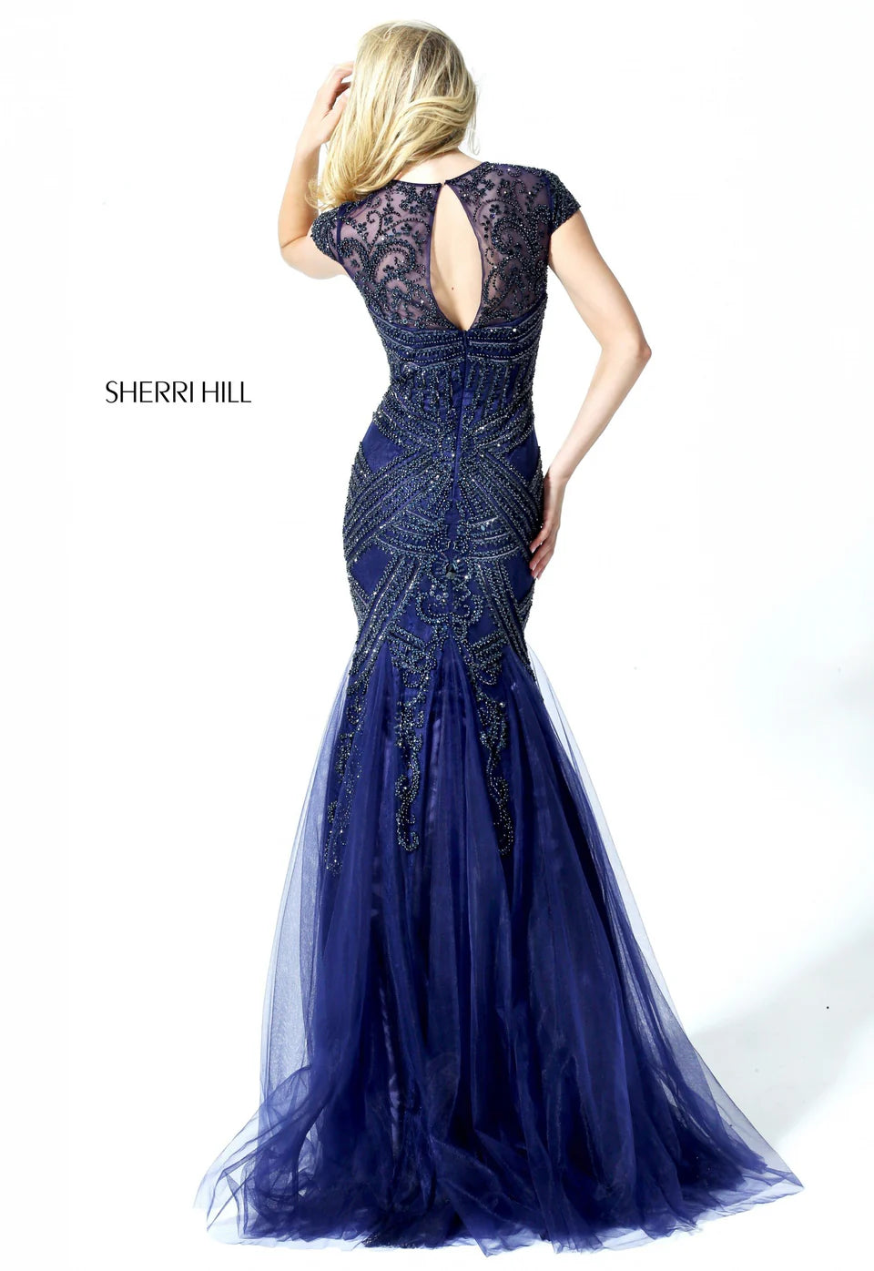 Sherri Hill 50516 Navy Beaded Mermaid Gown NWT Size 2 $550
