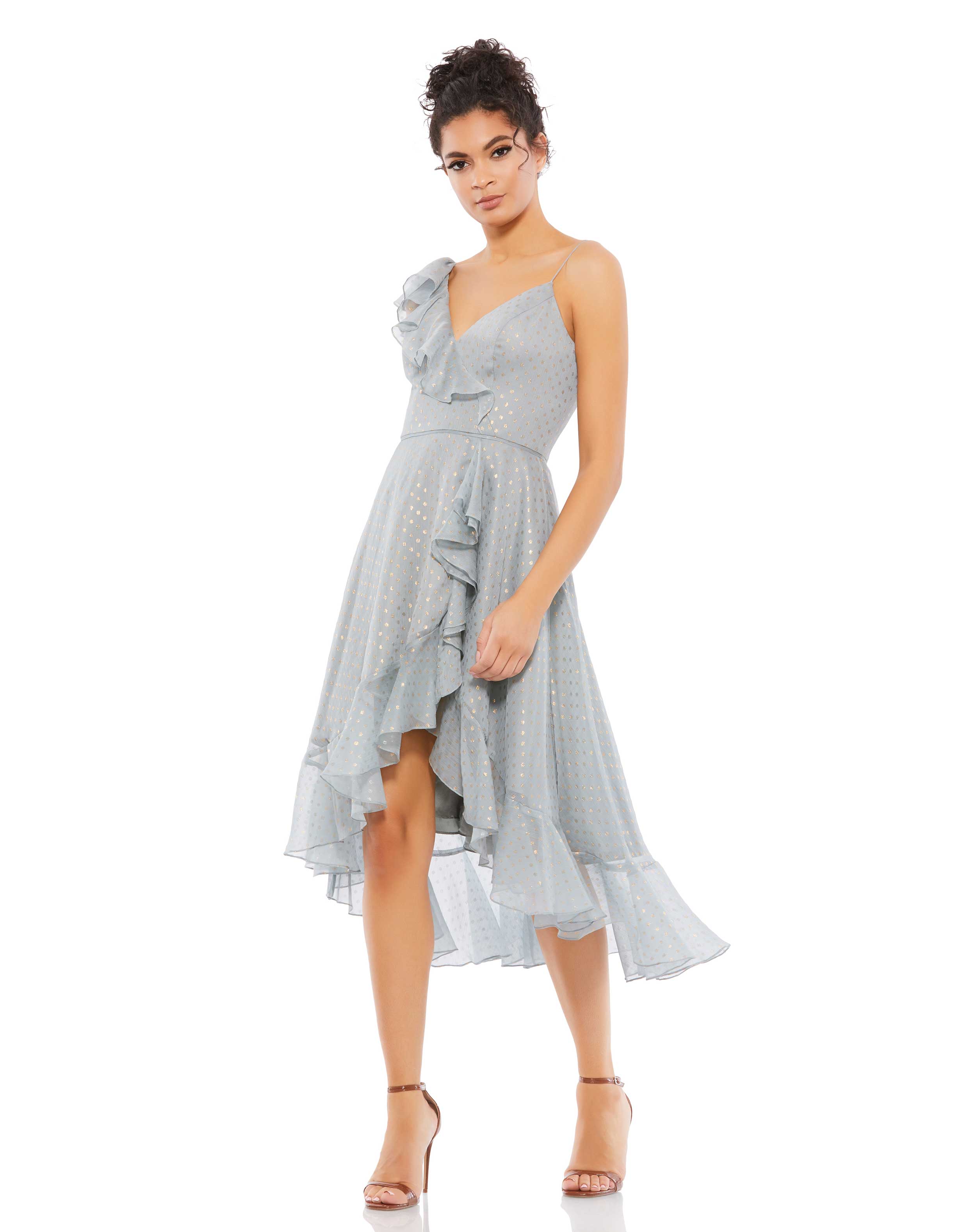 IEENA Mac Duggal Ruffle Faux Wrap Midi Dress in Silver Gray $358