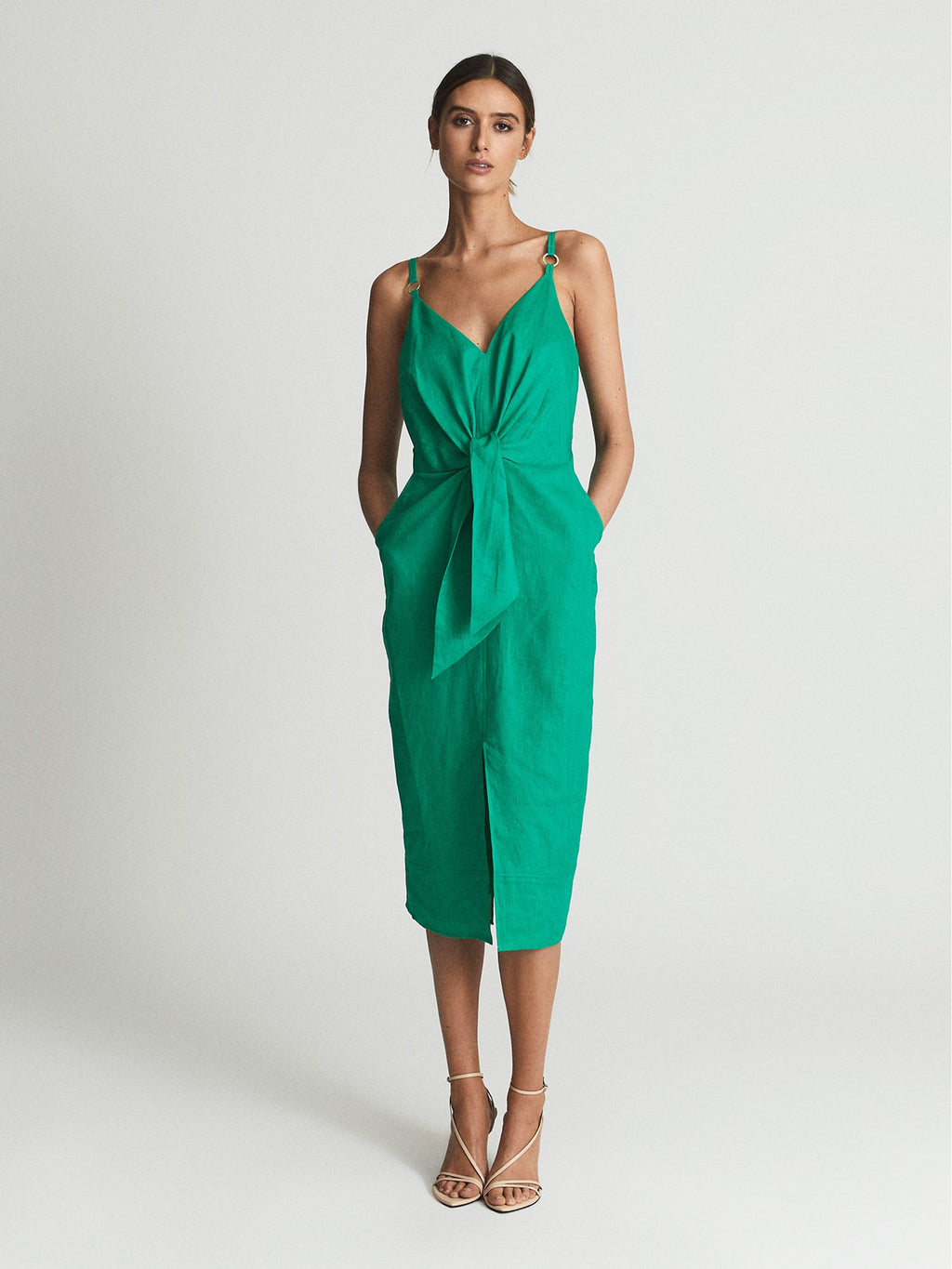 Reiss Kay Tie Front Linen Blend Midi Dress Green US 2 $285