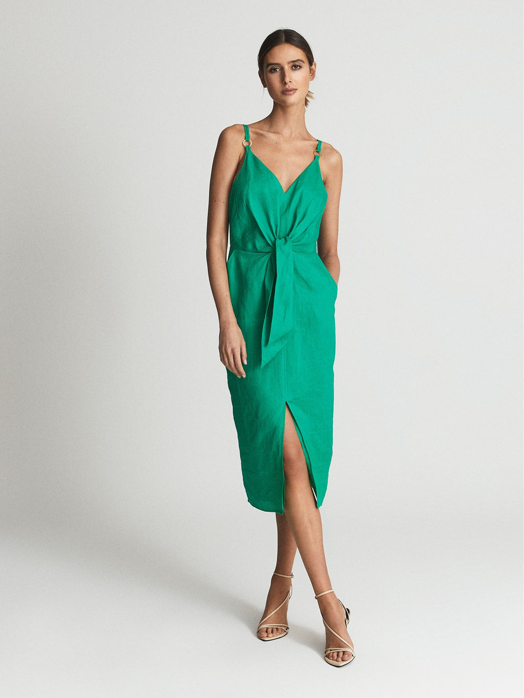 Reiss Kay Tie Front Linen Blend Midi Dress Green US 2 $285