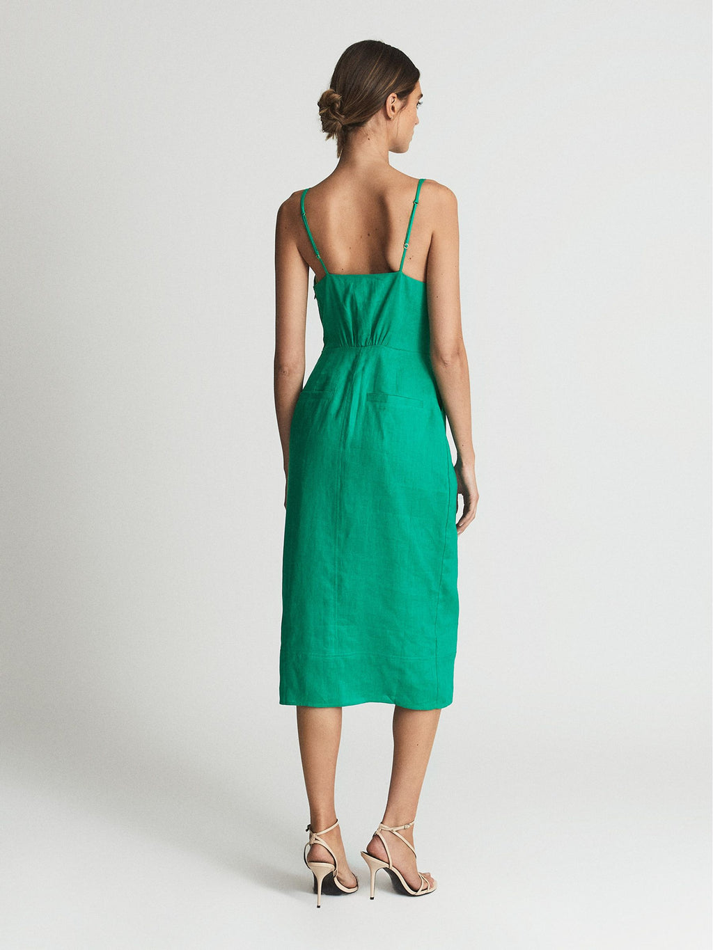 Reiss Kay Tie Front Linen Blend Midi Dress Green US 2 $285