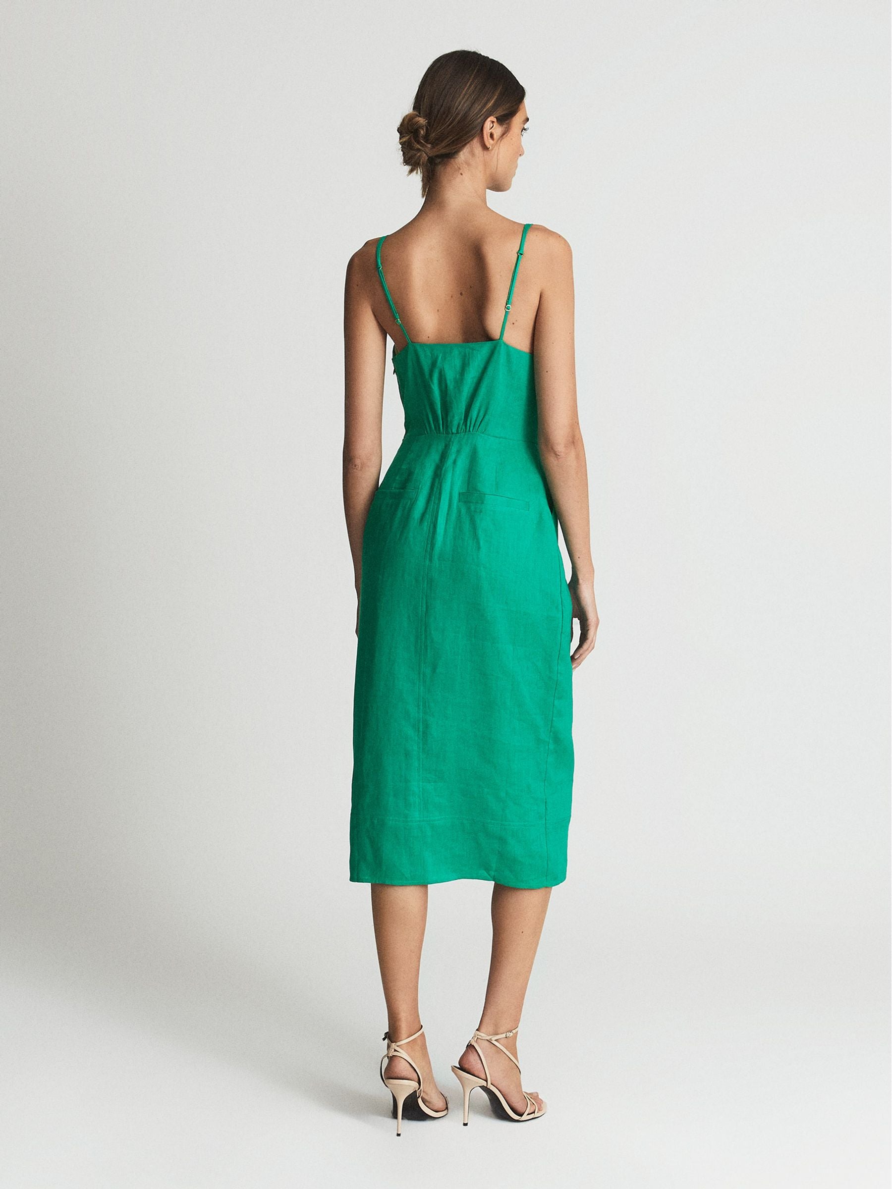Reiss Kay Tie Front Linen Blend Midi Dress Green US 2 $285