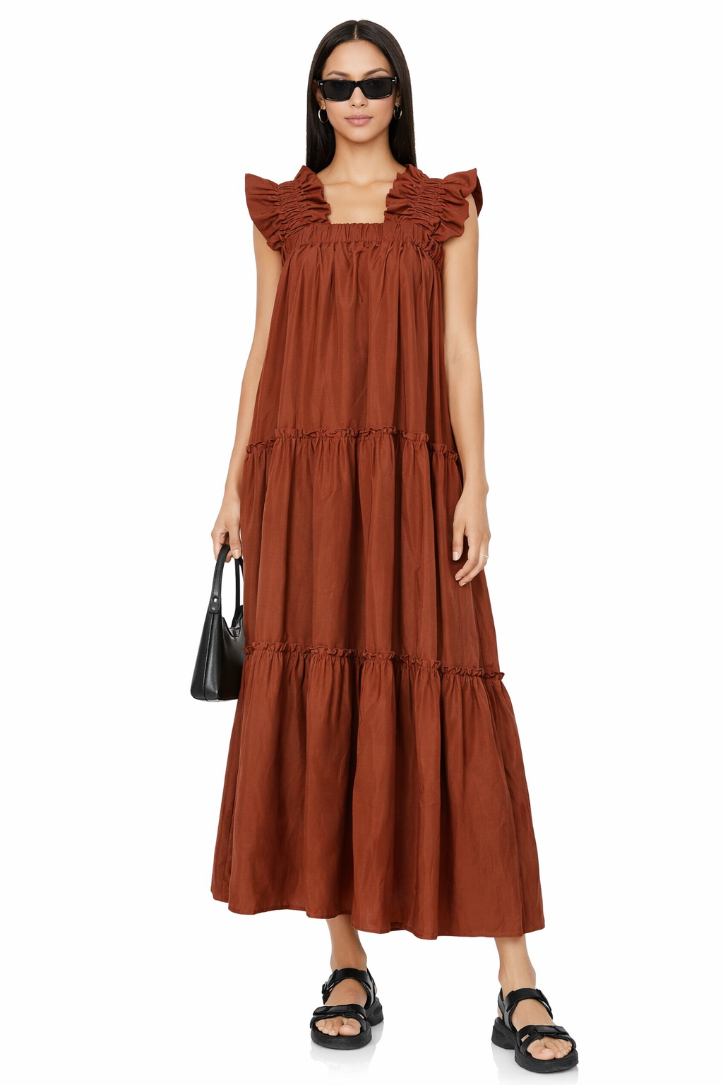 Inclan Studio Collins Tiered Maxi Dress Rust Ruffle Strap XS $440