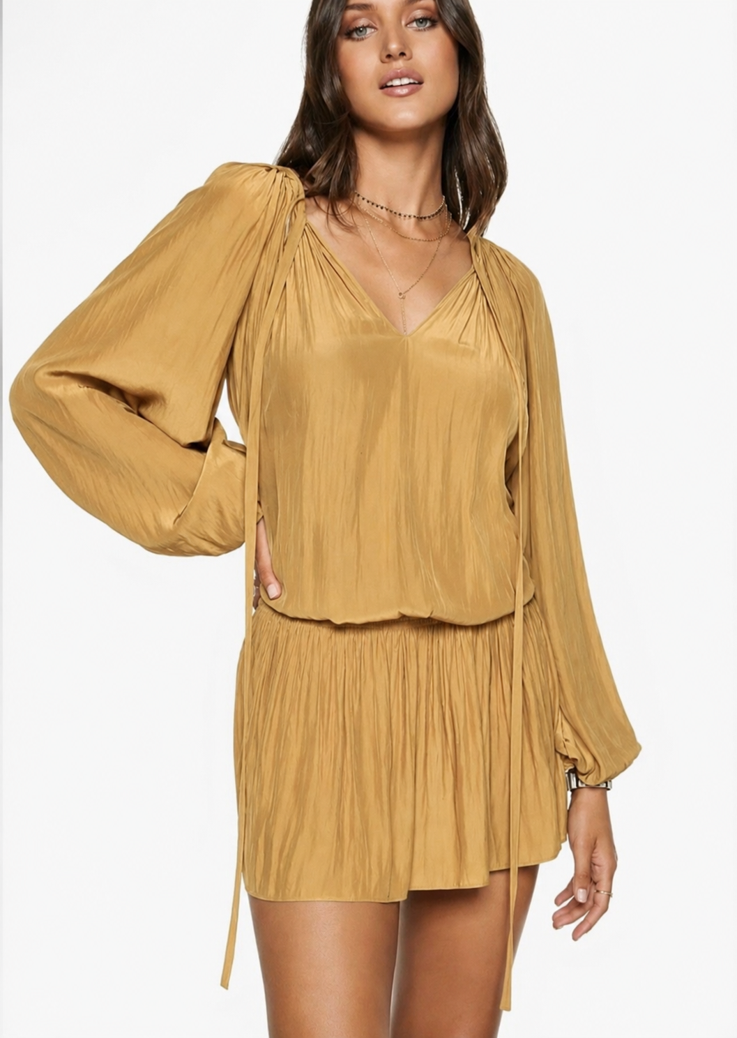 Ramy Brook Paris LS Dress Mustard Gold Silk Blend Long Sleeve Mini Dress Size S $395