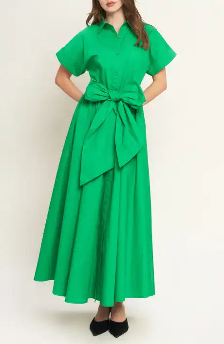 Flying Tomato Emerald Green Cotton Button Front Maxi Shirt Dress Tie Waist Bow Size Small