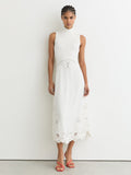 Reiss Phoenix Knit Woven Midi Dress Ivory Broderie Anglaise Cutwork Hem NWT Size 2