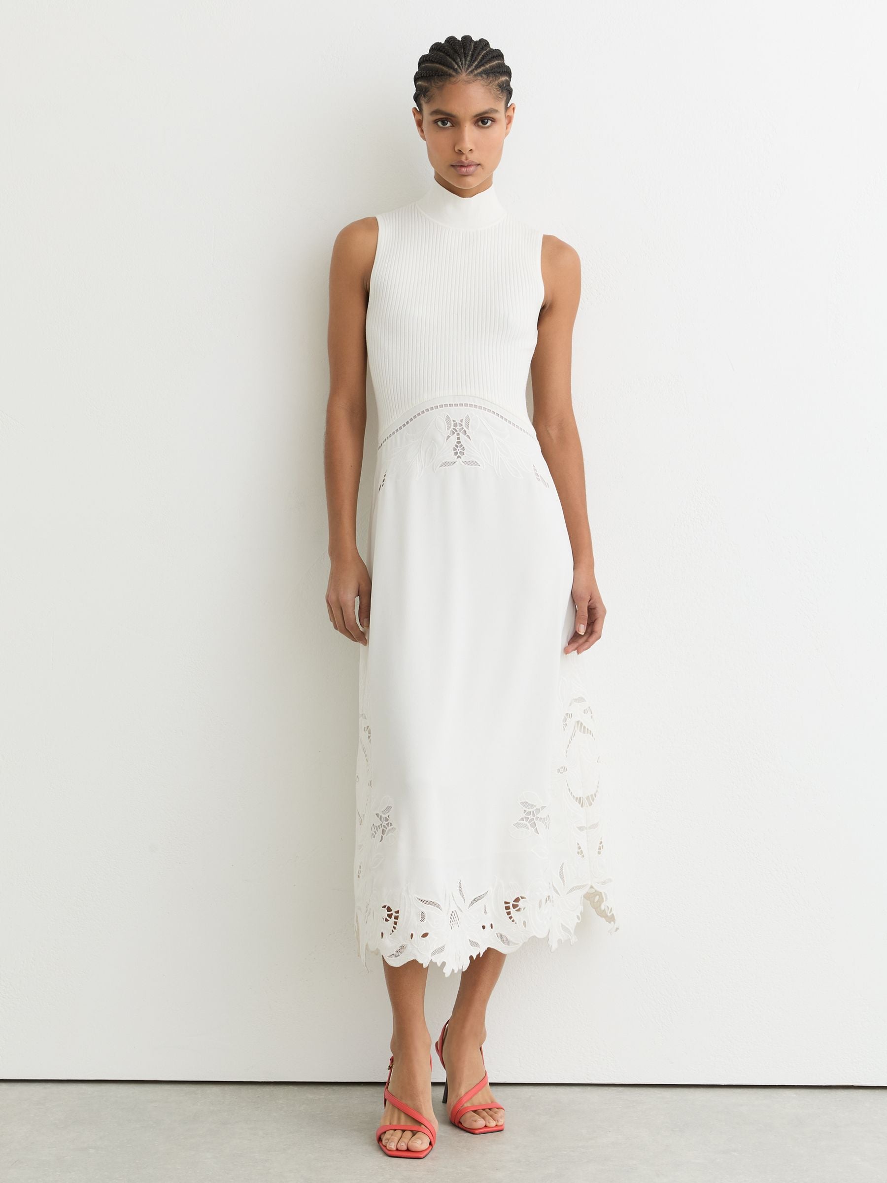 Reiss Phoenix Knit Woven Midi Dress Ivory Broderie Anglaise Cutwork Hem NWT Size 2
