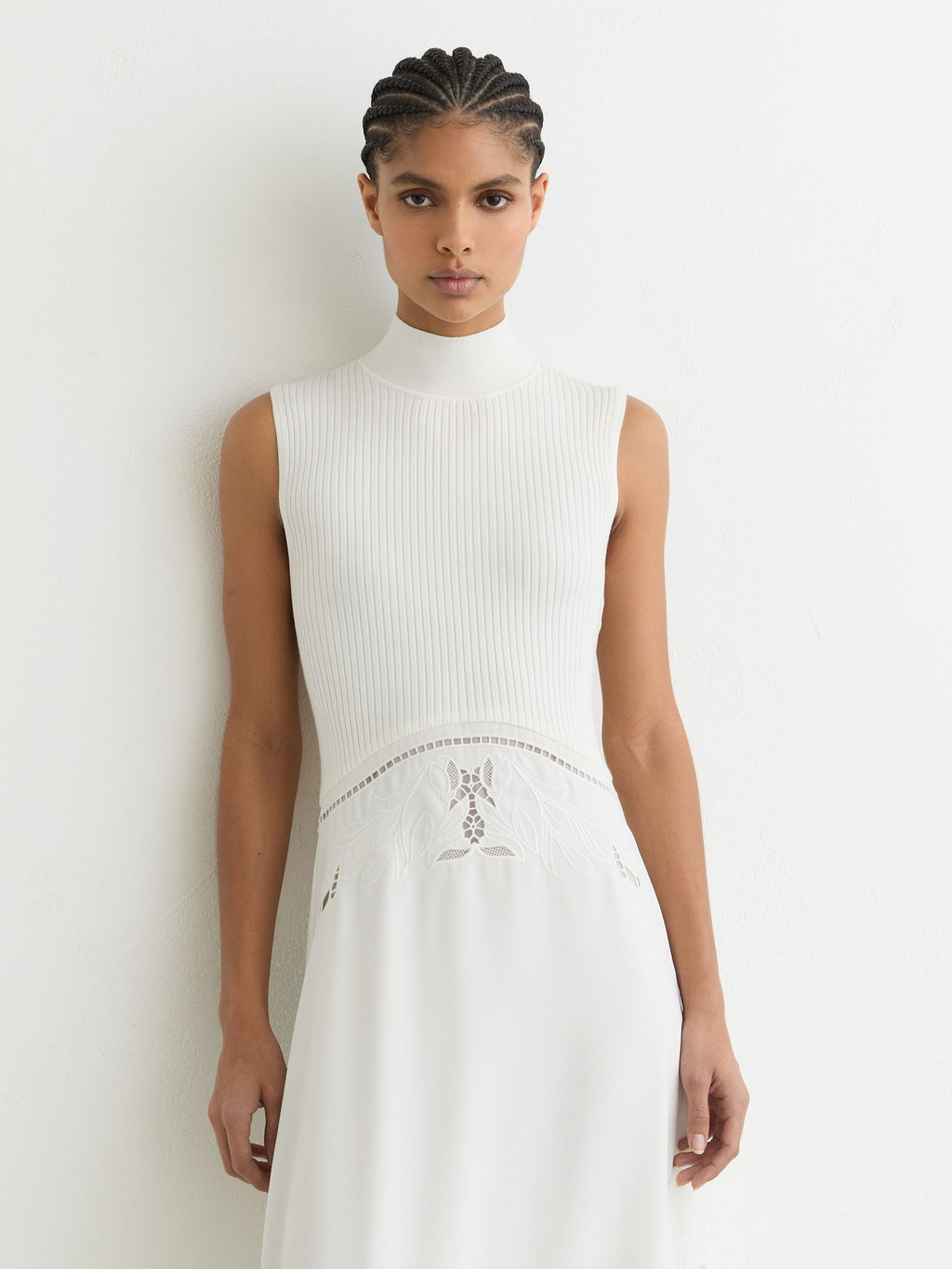 Reiss Phoenix Knit Woven Midi Dress Ivory Broderie Anglaise Cutwork Hem NWT Size 2