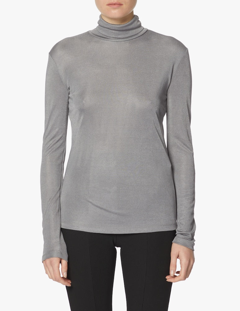 Max Mara Leisure FABIAN Shiny Jersey Turtleneck Top – Grigio Medio Gray – Size Large