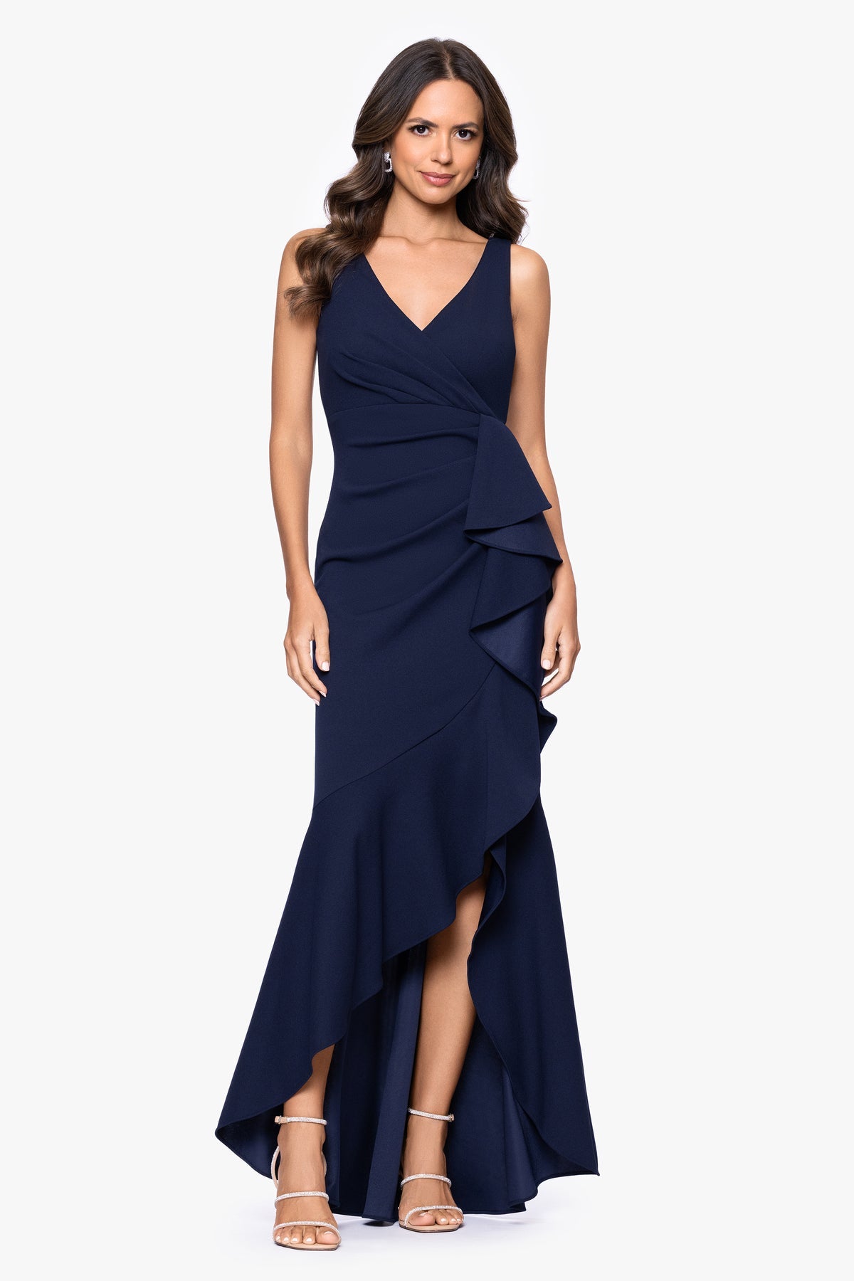 Betsy & Adam Candace Long V-Neck Hi-Low Cascade Dress - Navy - 10 $249