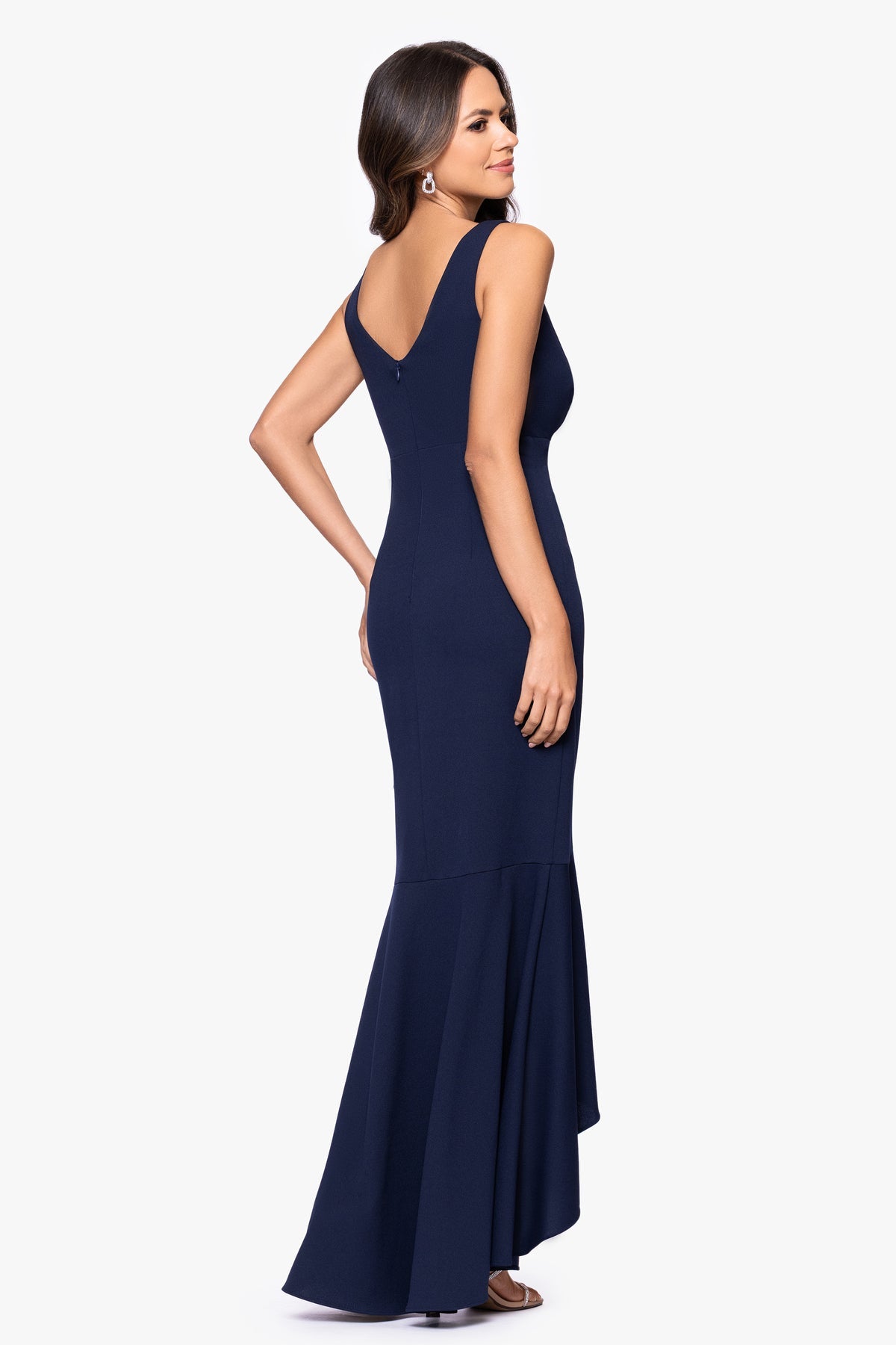 Betsy & Adam Candace Long V-Neck Hi-Low Cascade Dress - Navy - 10 $249