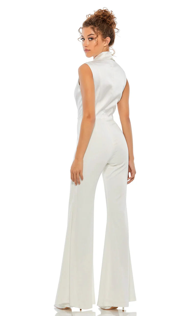 Ieena by Mac Duggal 26603 White Tuxedo Jumpsuit Size 2 Satin Wide Leg