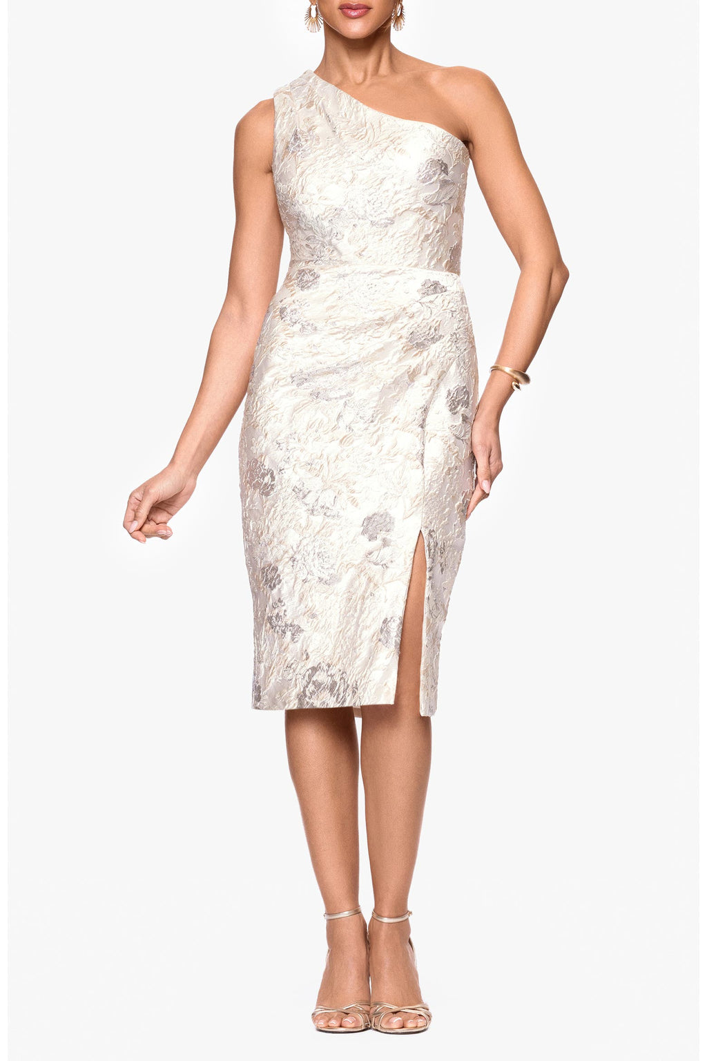 Xscape Evenings Metallic Floral Jacquard One-Shoulder Sheath Cocktail Dress in Champagne NWT Sz 10