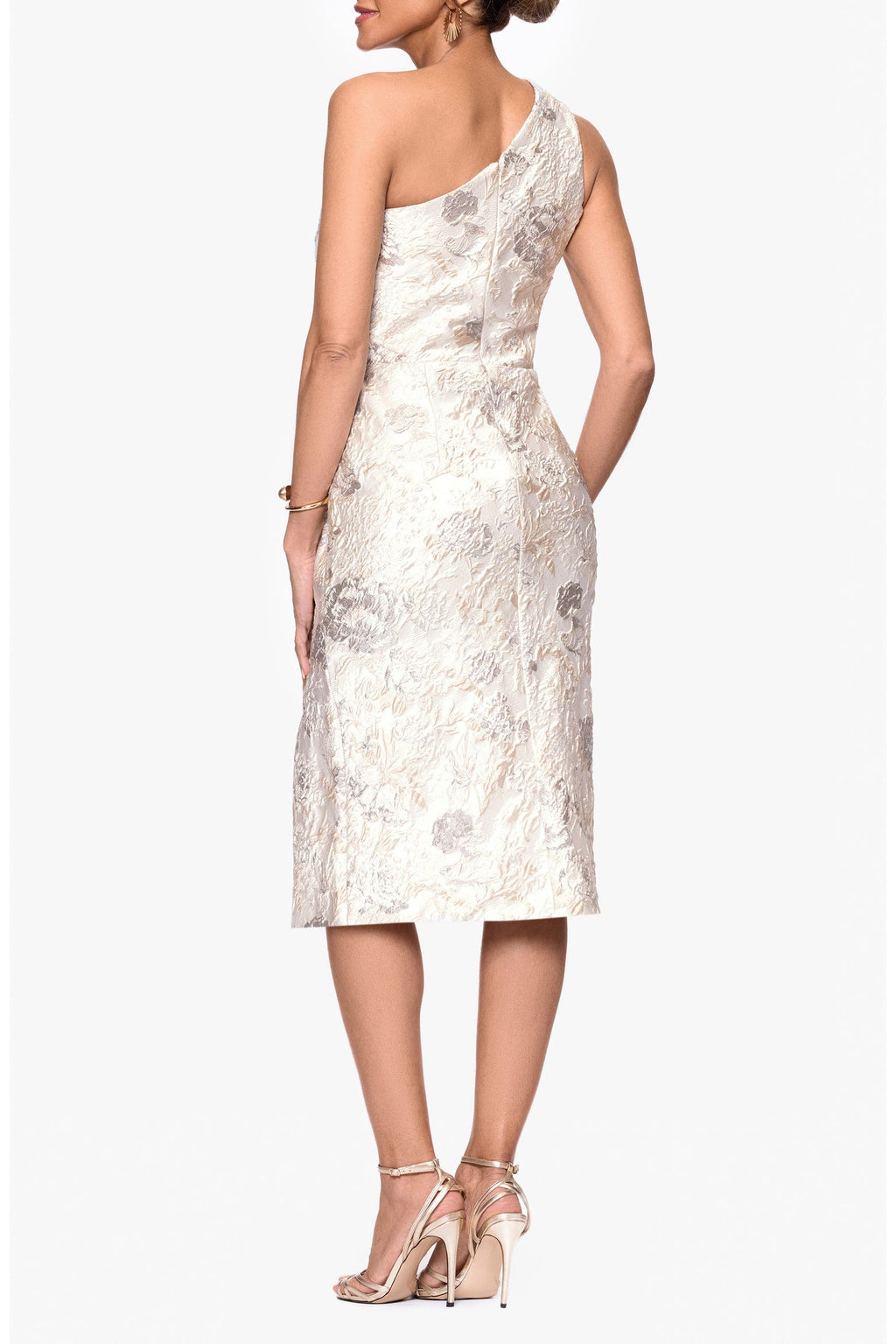 Xscape Evenings Metallic Floral Jacquard One-Shoulder Sheath Cocktail Dress in Champagne NWT Sz 10