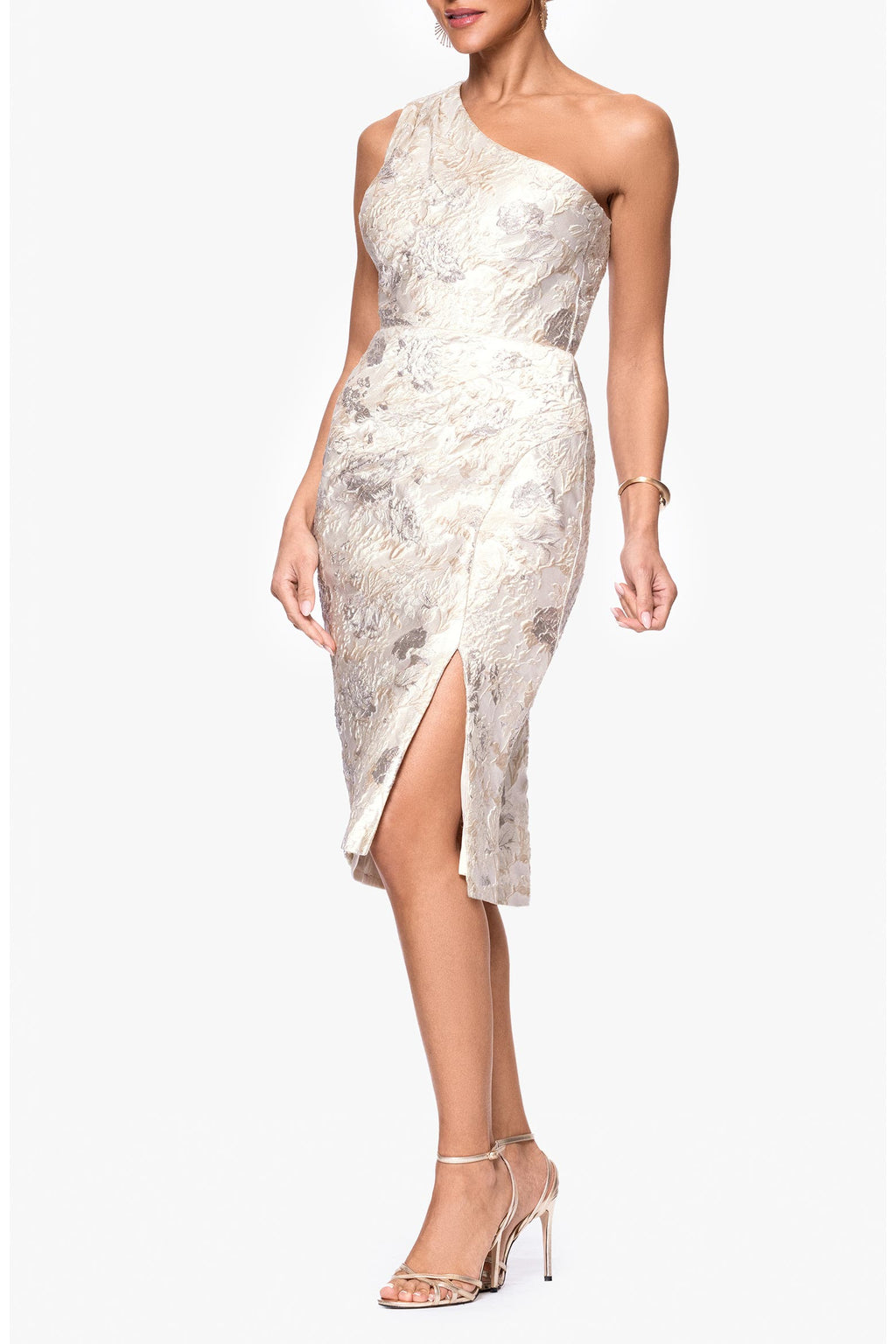 Xscape Evenings Metallic Floral Jacquard One-Shoulder Sheath Cocktail Dress in Champagne NWT Sz 10