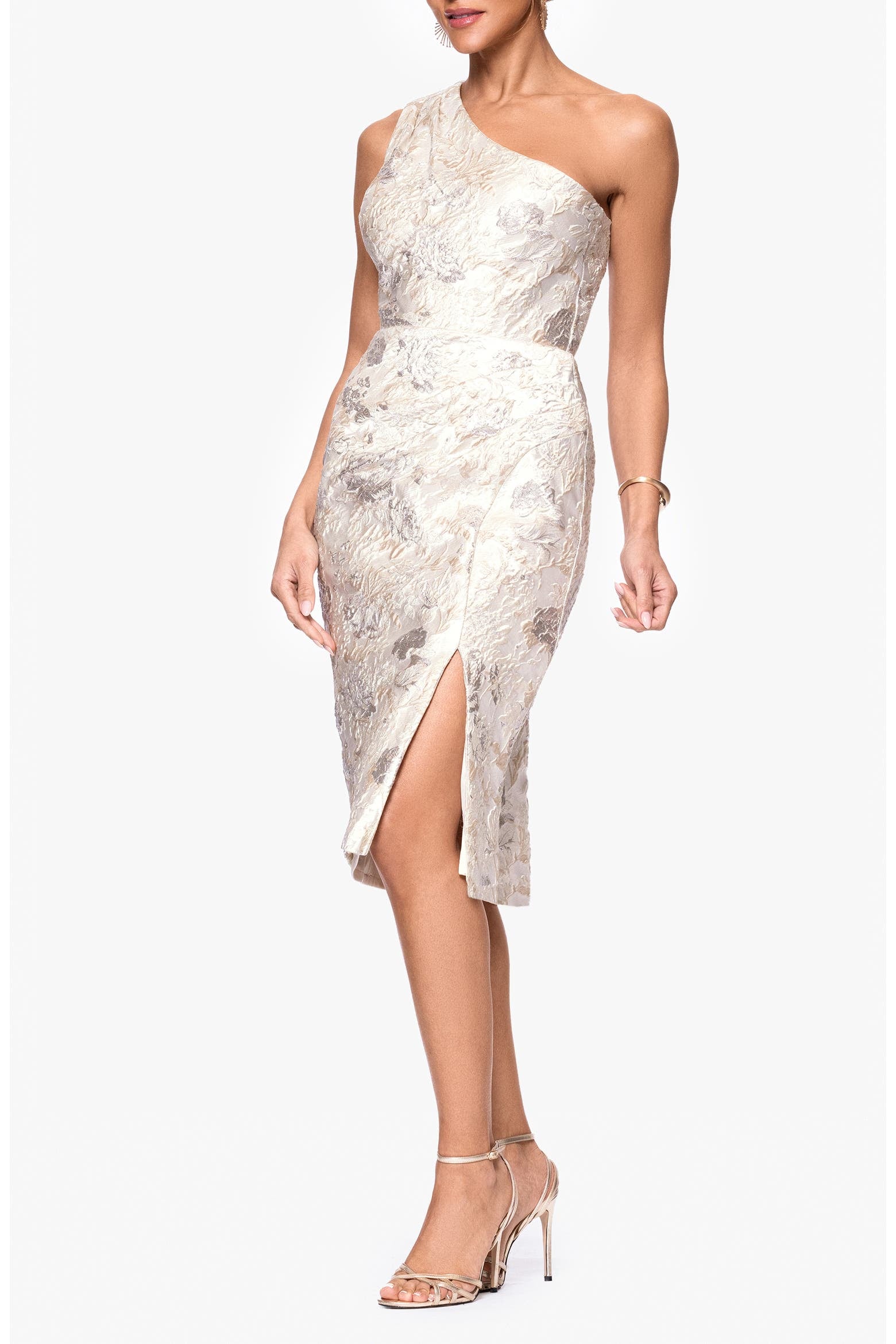 Xscape Evenings Metallic Floral Jacquard One-Shoulder Sheath Cocktail Dress in Champagne NWT Sz 10