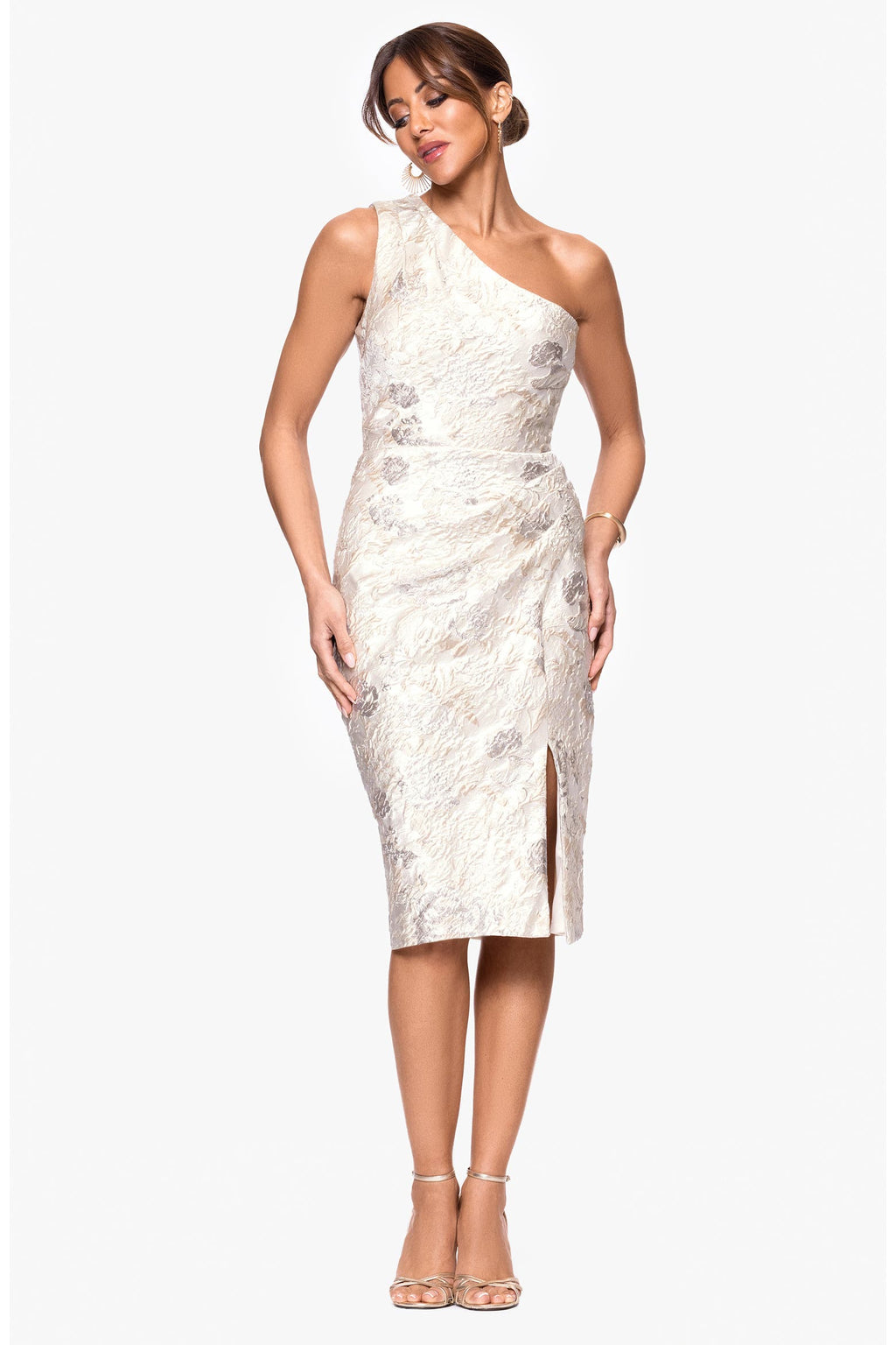 Xscape Evenings Metallic Floral Jacquard One-Shoulder Sheath Cocktail Dress in Champagne NWT Sz 10
