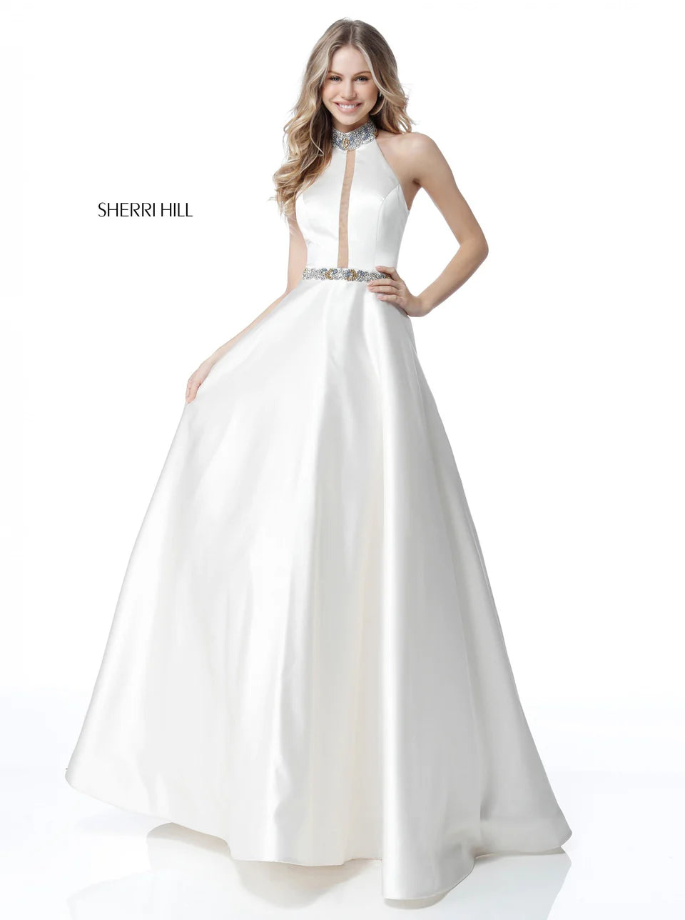 Sherri Hill 51589 Ivory Beaded Halter Ball Gown Pink Crystal Detail Size 4