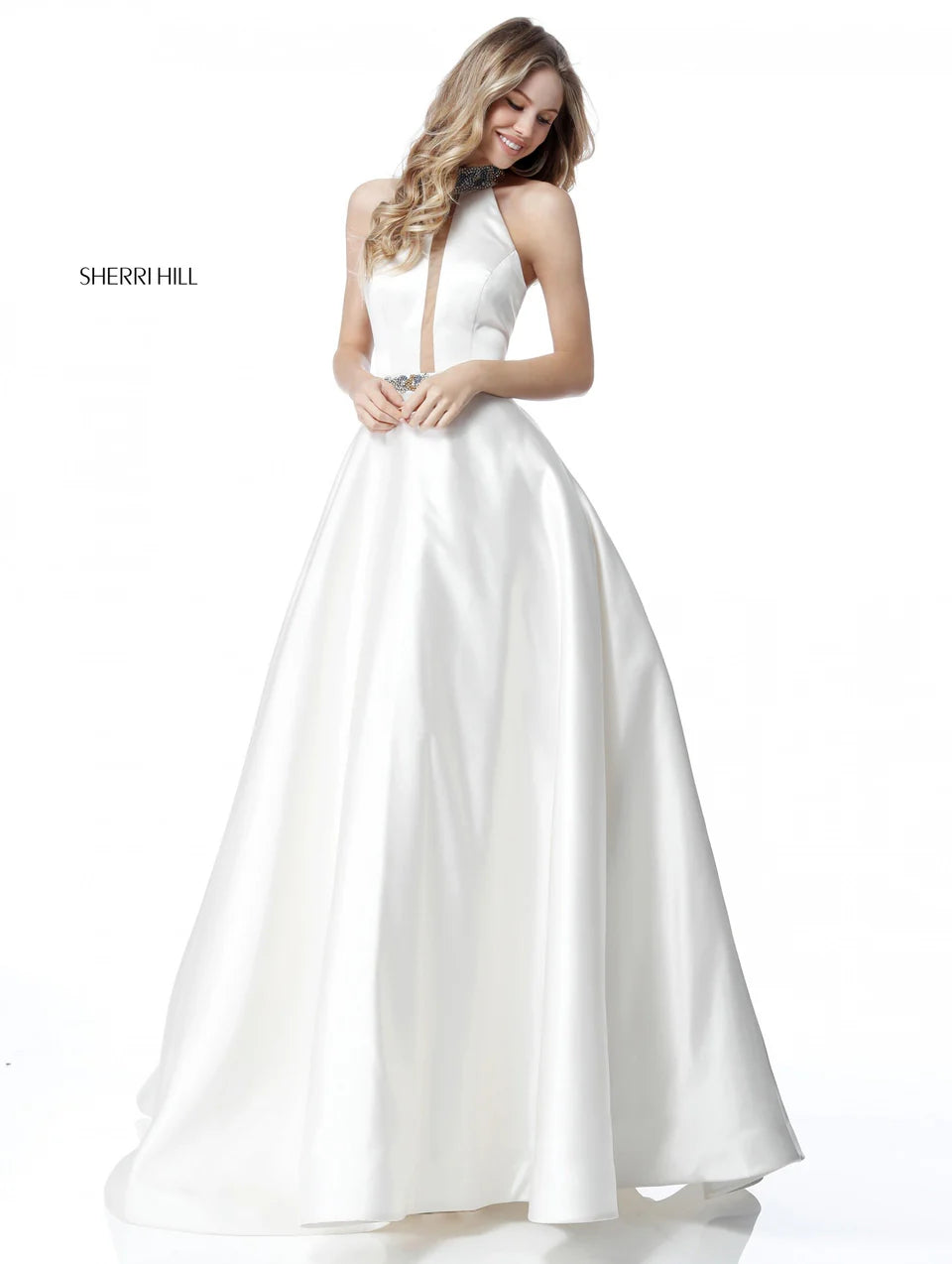 Sherri Hill 51589 Ivory Beaded Halter Ball Gown Pink Crystal Detail Size 4