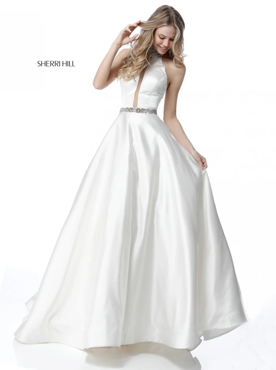Sherri Hill 51589 Ivory Beaded Halter Ball Gown Pink Crystal Detail Size 4